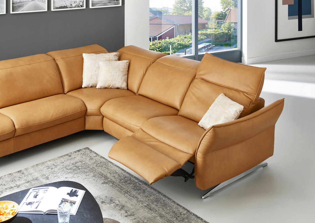ECKSOFA in Echtleder Orange  - Edelstahlfarben/Orange, Design, Leder/Metall (258/292cm) - Hukla