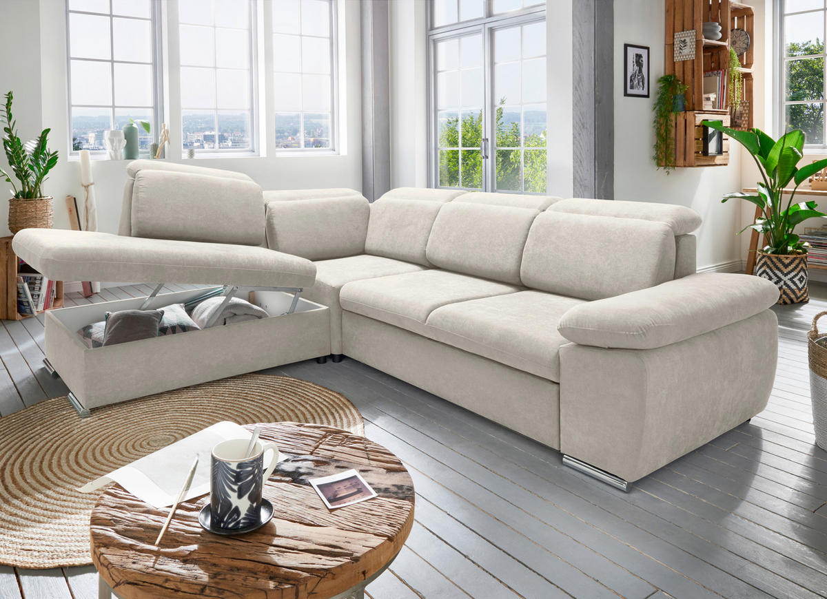 ECKSOFA Creme Mikrofaser  - Chromfarben/Creme, Design, Textil/Metall (228/283cm) - Livetastic