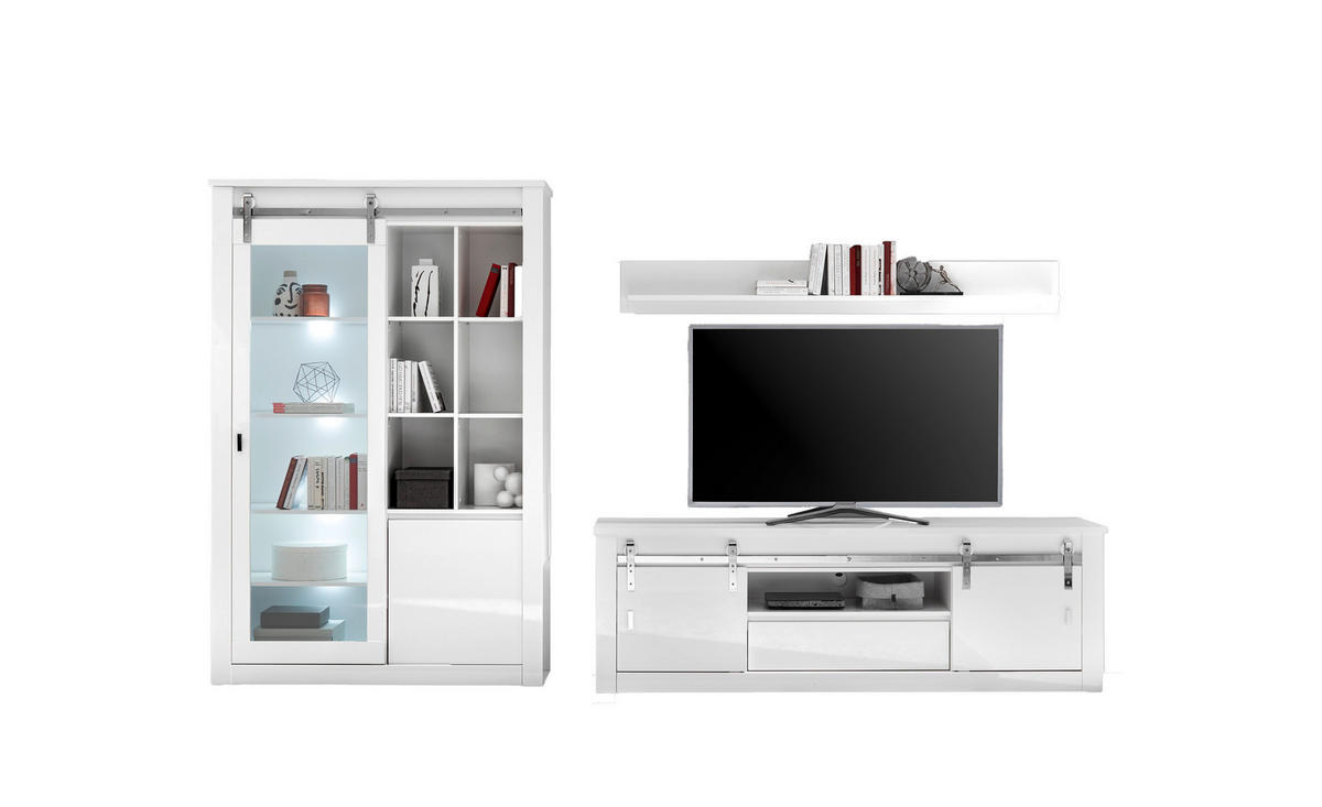 WOHNWAND 3-teilig  in Weiß, Weiß Hochglanz  349/200/43 cm  - Chromfarben/Weiß Hochglanz, Design, Holzwerkstoff/Metall (349/200/43cm) - Livetastic