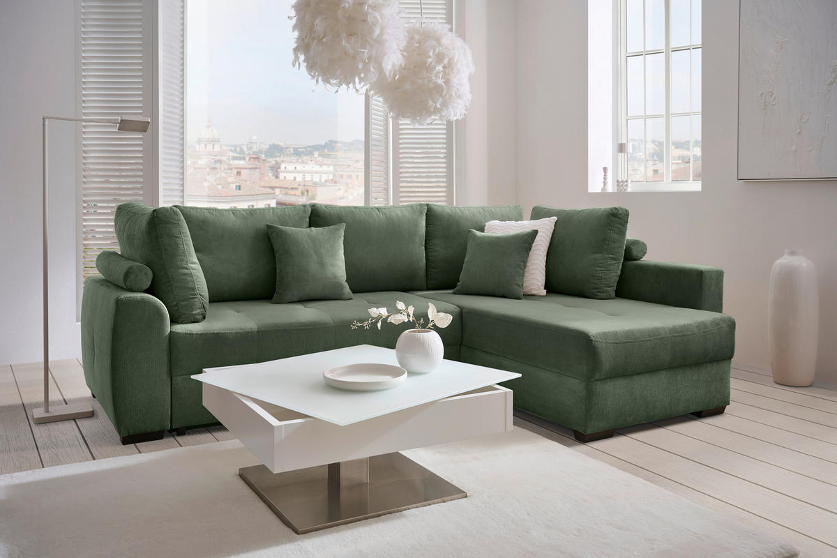 ECKSOFA inkl. Funktionen Dunkelgrün Cord  - Dunkelgrün/Schwarz, Design, Kunststoff/Textil (265/182cm) - Stylife