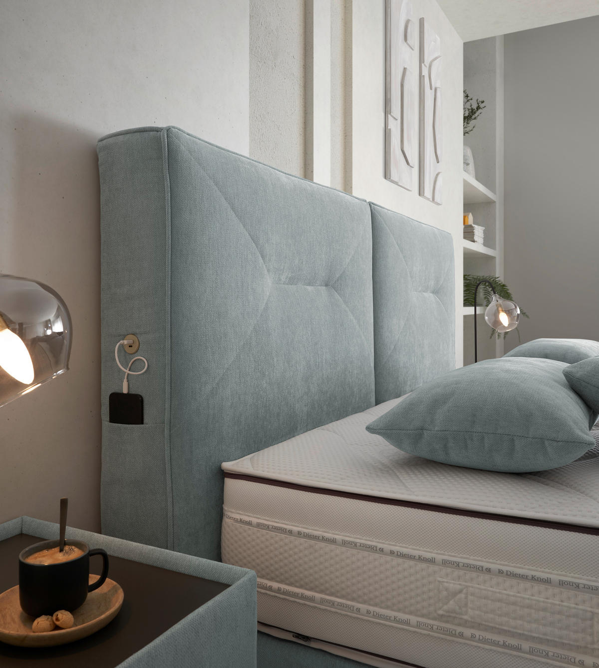 BOXSPRINGBETT 180/200 cm,  in Hellblau, Matratze, unterschiedliche Matratzenhärtegrade je Bettseite, H3 + H4 = fest + sehr fest  - Schwarz/Hellblau, Design, Kunststoff/Textil (180/200cm) - Dieter Knoll