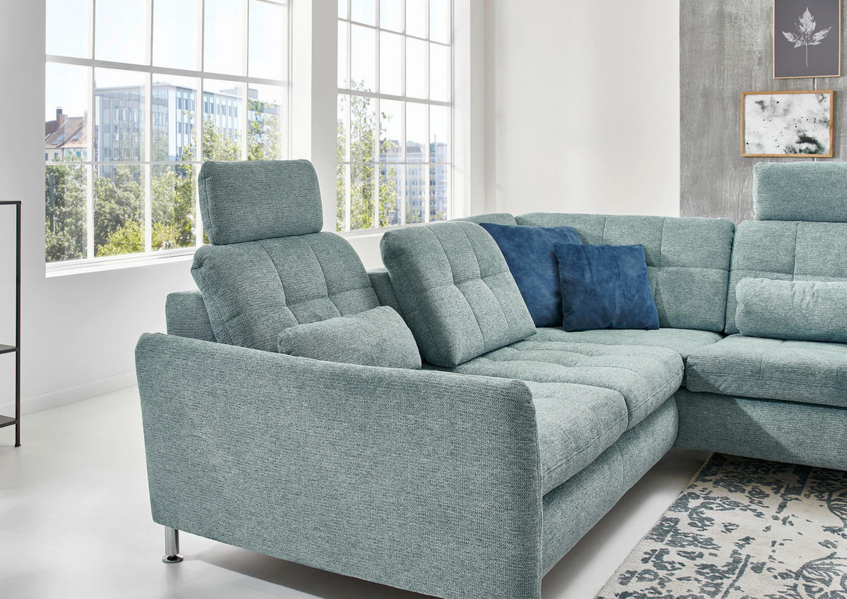 ECKSOFA Blau Webstoff  - Chromfarben/Blau, Design, Textil/Metall (242/210cm) - Beldomo Style