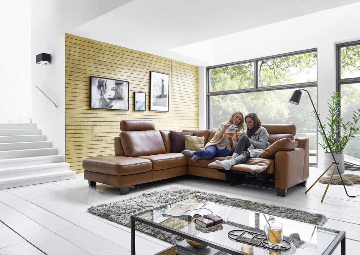 ECKSOFA in Echtleder Braun  235/259 cm  - Eichefarben/Braun, Design, Leder/Holz (235/259cm) - Valdera