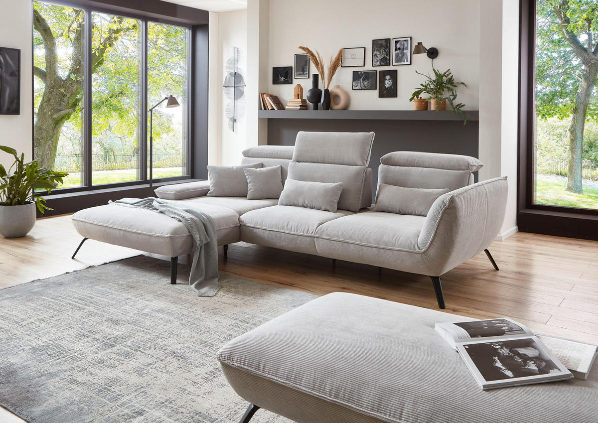 ECKSOFA Hellgrau Cord  - Hellgrau/Schwarz, Design, Textil/Metall (196/301cm) - Moderano