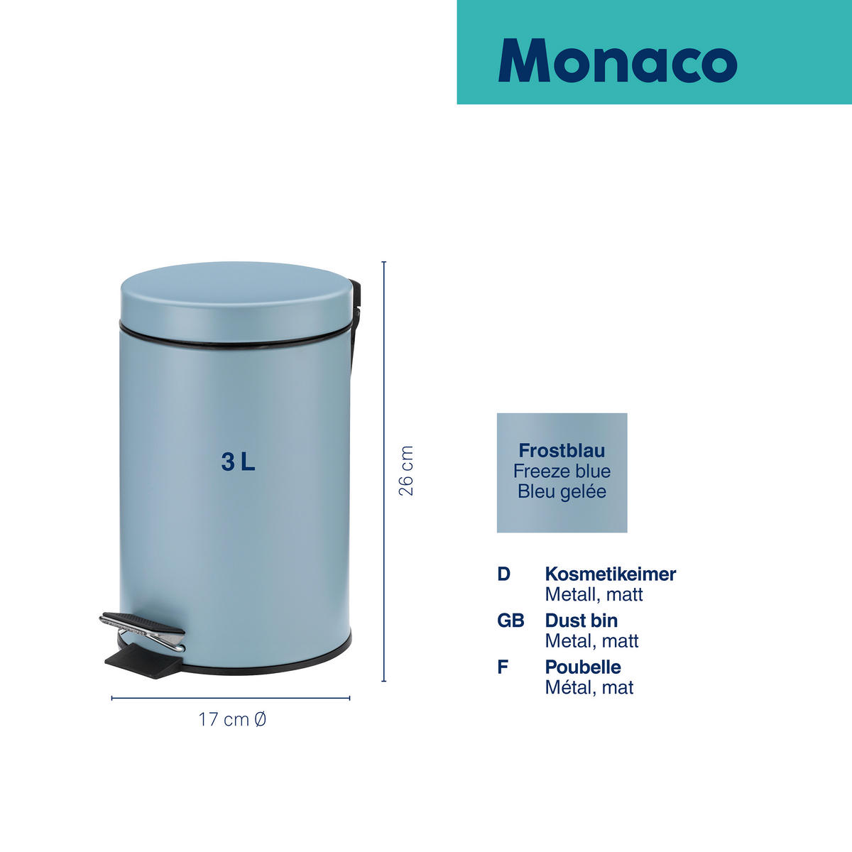 KOSMETIKEIMER MONACO 3 L  - Schwarz/Hellblau, Basics, Kunststoff/Metall (17/26cm) - Kela