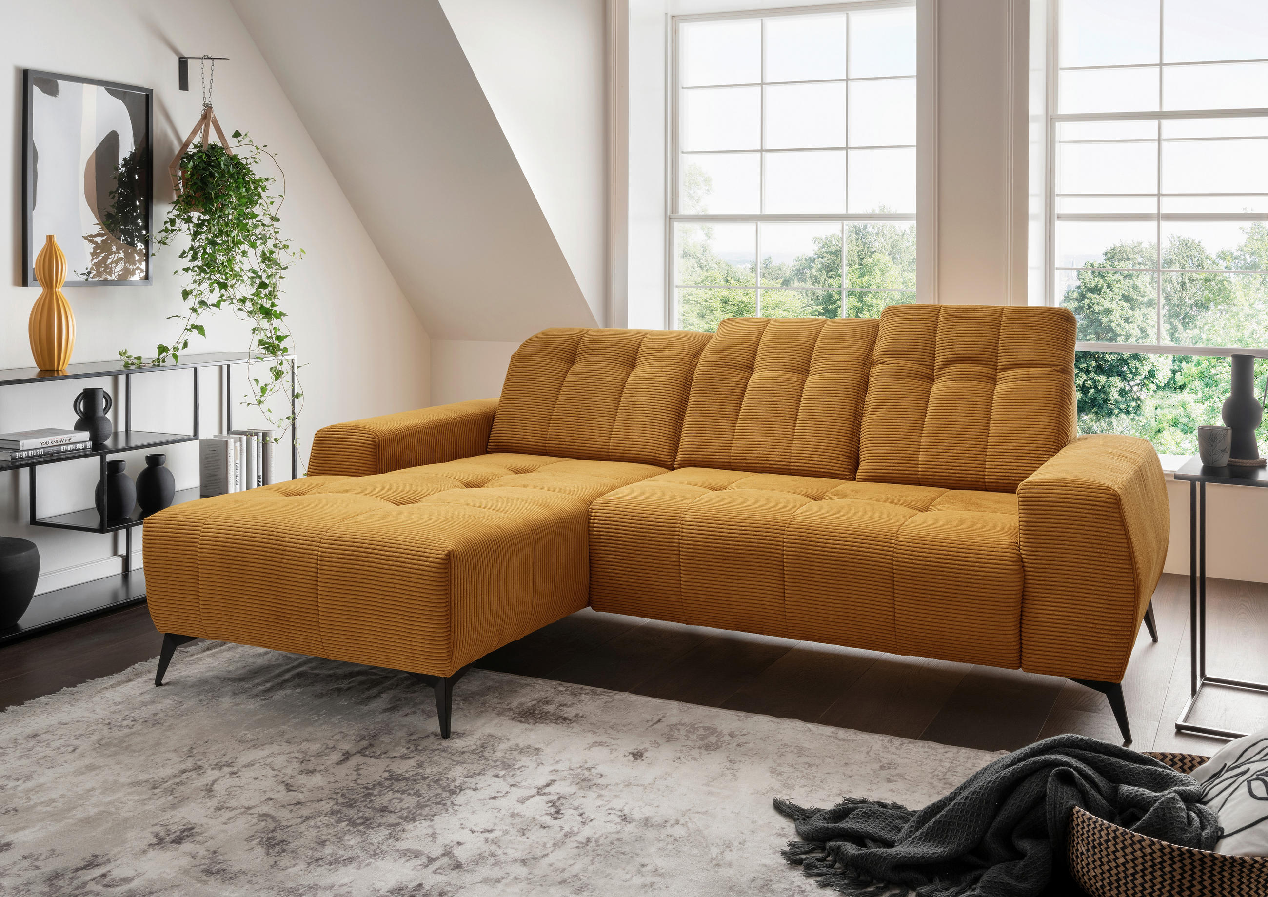 ECKSOFA in Cord Goldfarben  - Goldfarben/Schwarz, Modern, Textil/Metall (180/258cm) - Livetastic