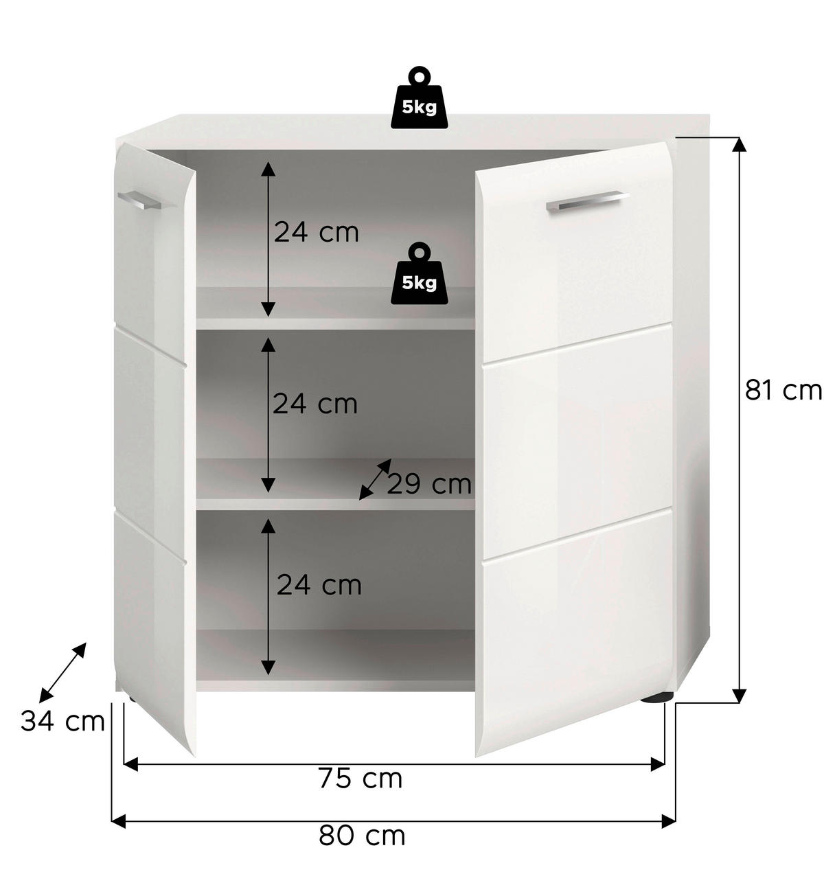 KOMMODE , 80/81/34 cm,  - Weiß Hochglanz/Silberfarben, Design, Holzwerkstoff/Kunststoff (80/81/34cm) - Livetastic