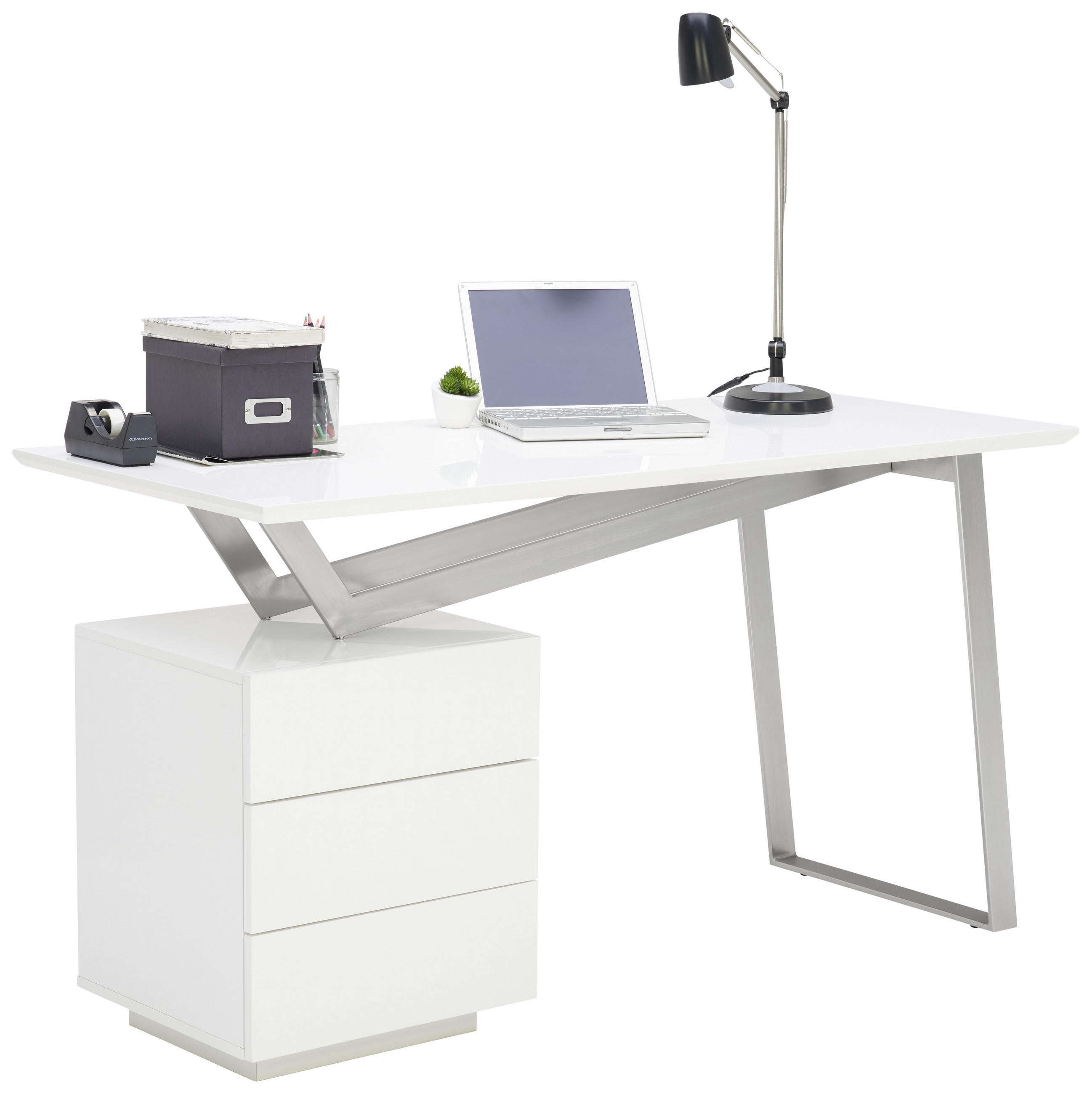 Schreibtisch 60/140/76 cm in Weiß, Edelstahlfarben