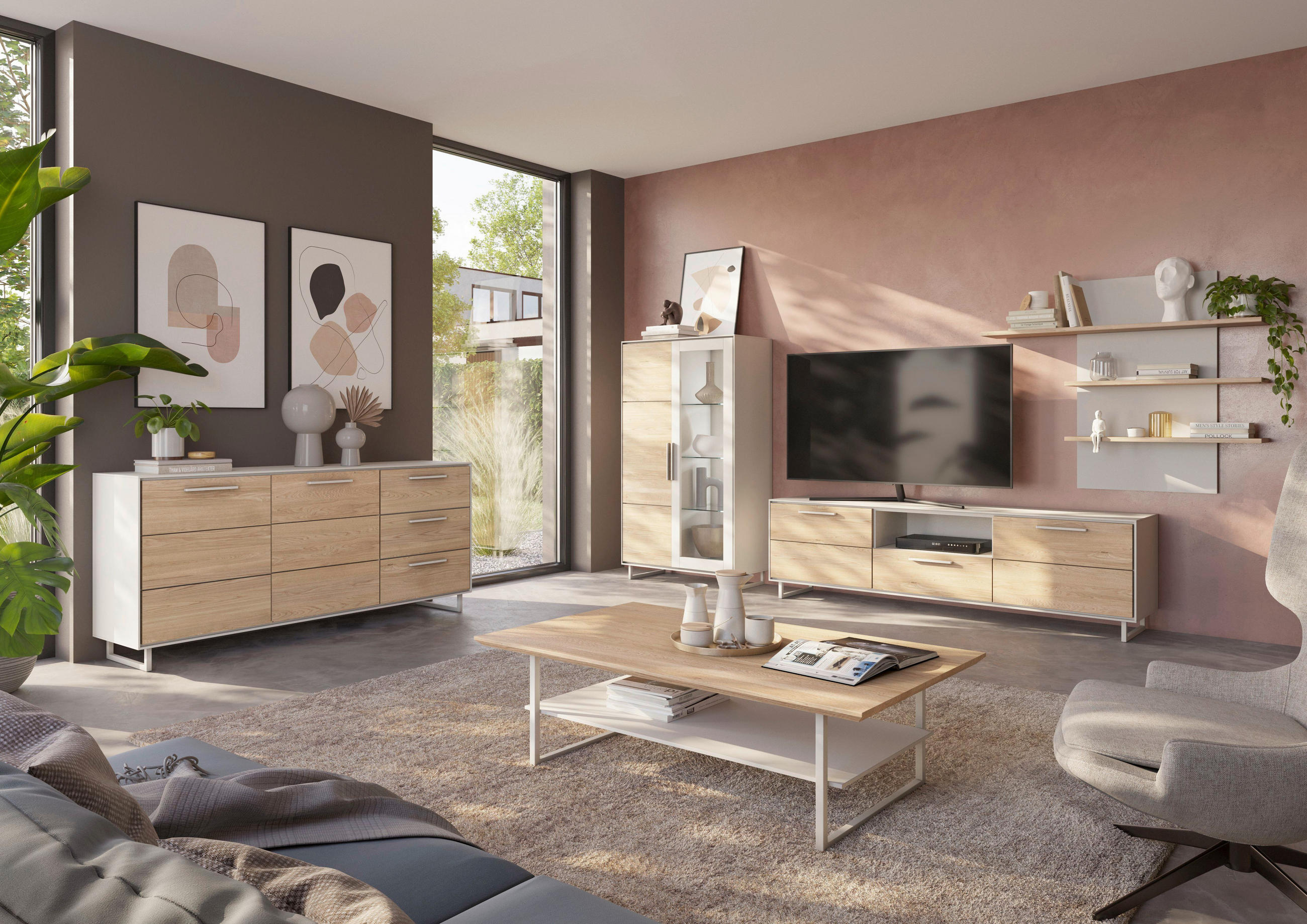 VITRINE  in massiv Eiche Eiche Bianco - Kaschmir/Eiche Bianco, Design, Glas/Holz (102/148/40cm) - Livetastic