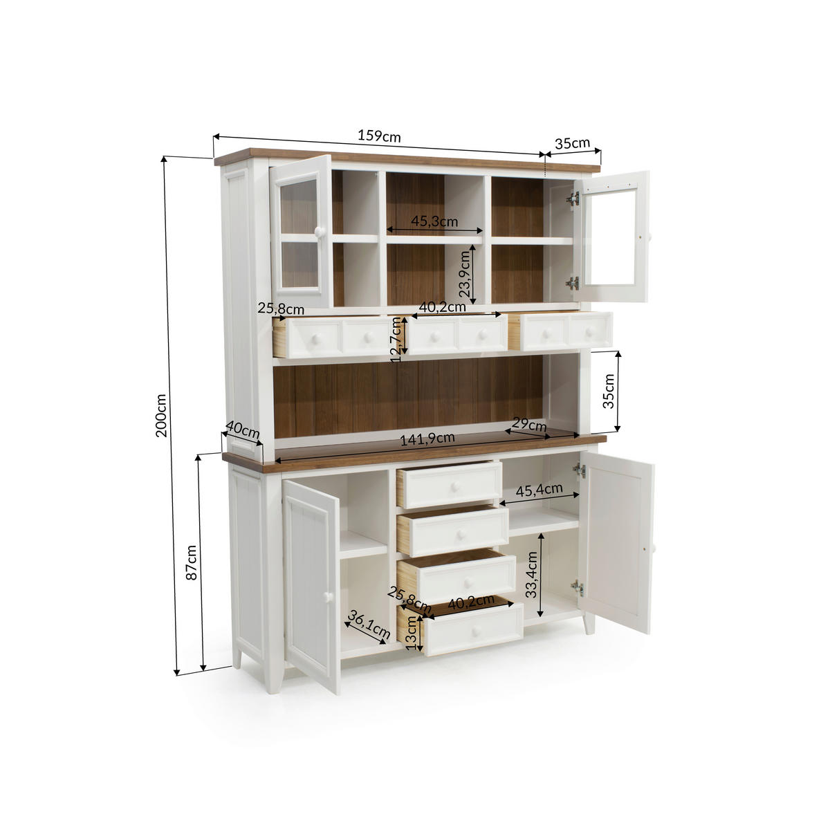 BUFFET 159/200/40 cm  in Weiß, Eiche dunkel  - Eiche dunkel/Weiß, MODERN, Glas/Holz (159/200/40cm) - MID.YOU