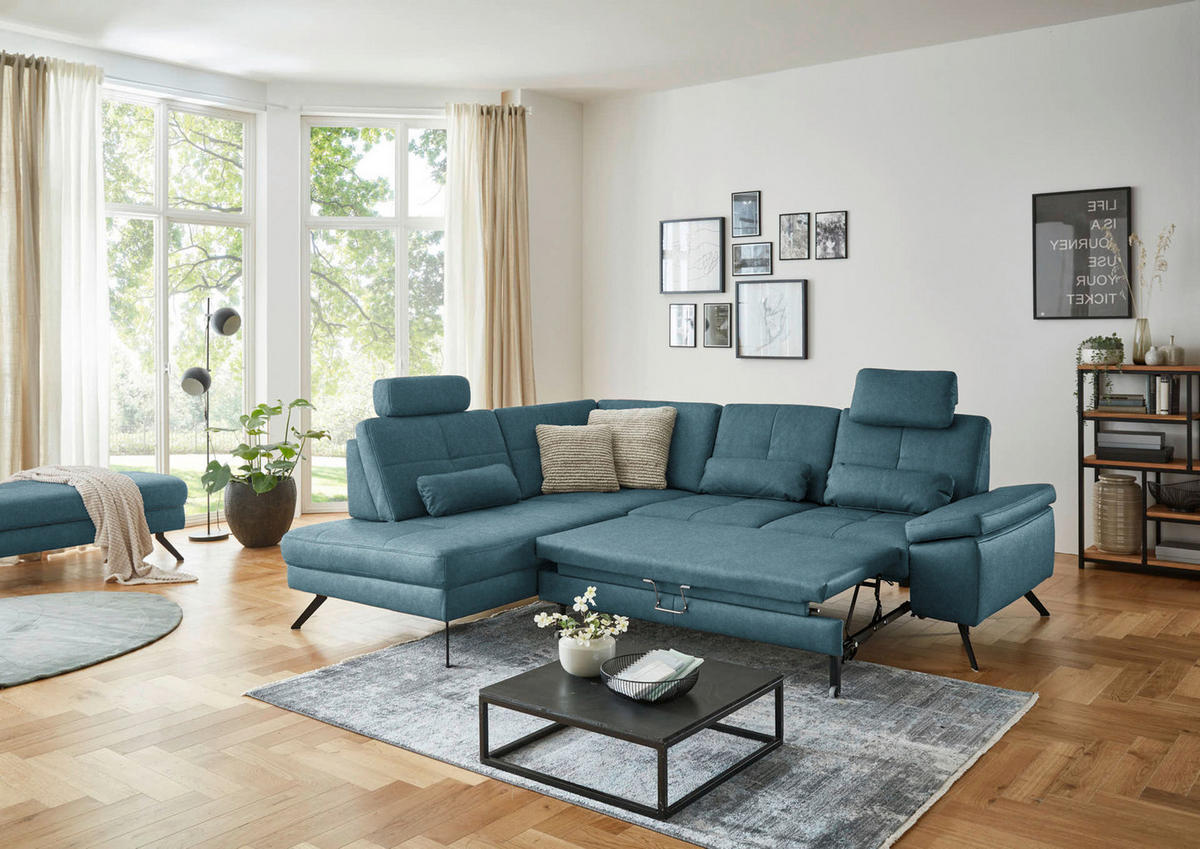 ECKSOFA in Lederlook, Mikrofaser Blau  - Blau/Schwarz, Design, Textil/Metall (194/261cm) - Beldomo System
