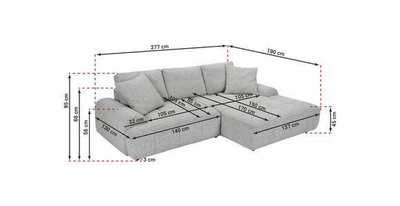 Ecksofa mit Funktion Grau Flachgewebe Zierkissen, Rückenkissen, Bettkasten, Schlaffunktion, Rücken echt, Liegefläche im Originalstoff  - Schwarz/Grau, KONVENTIONELL, Kunststoff/Textil (277/190cm) - Carryhome