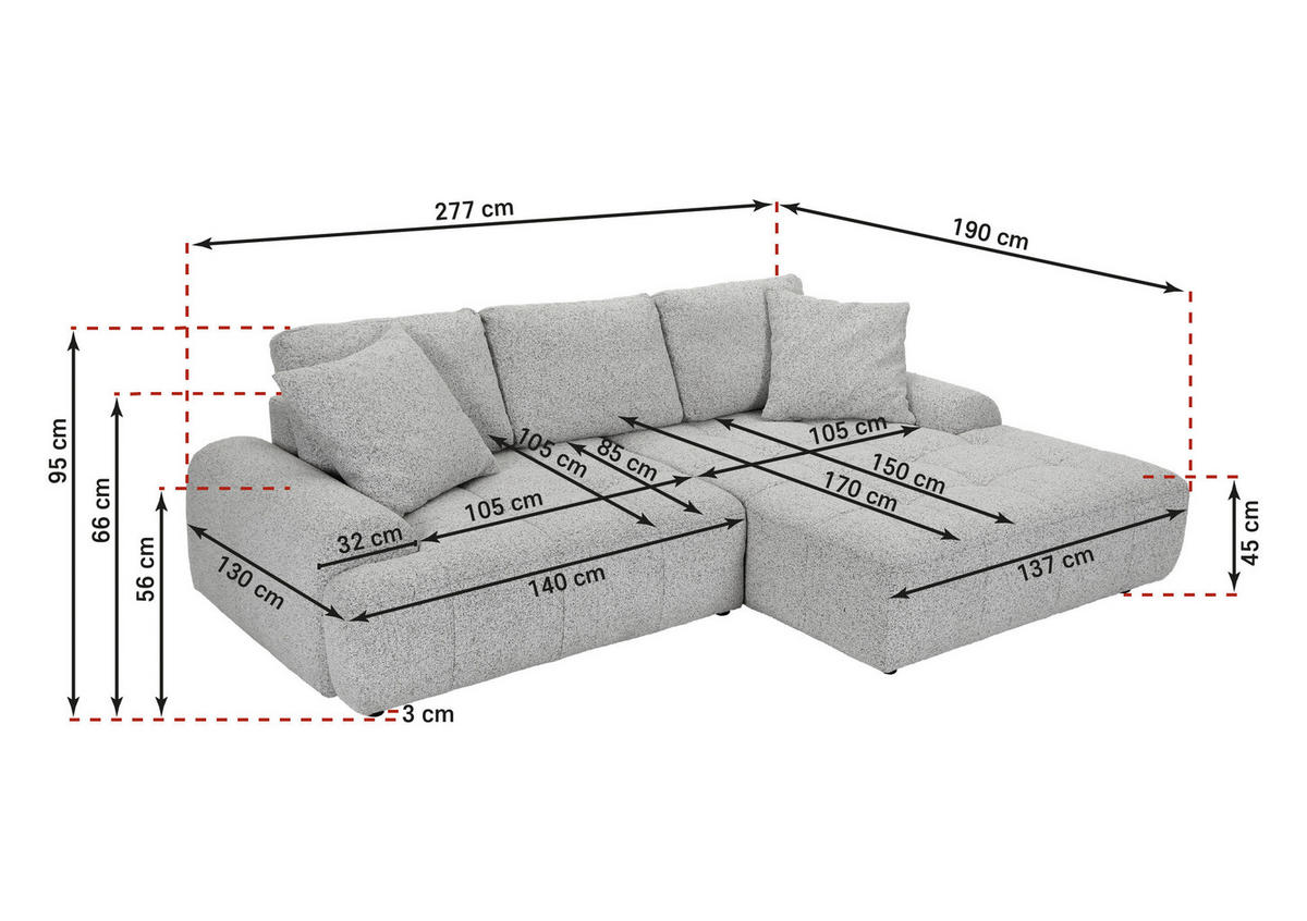 Ecksofa mit Funktion Greige Flachgewebe Zierkissen, Rückenkissen, Bettkasten, Schlaffunktion, Rücken echt, Liegefläche im Originalstoff  - Greige/Schwarz, KONVENTIONELL, Kunststoff/Textil (277/190cm) - Carryhome