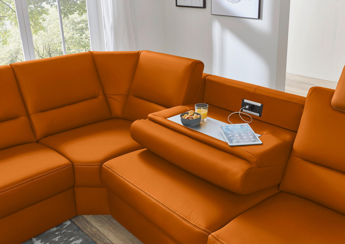 ECKSOFA in Echtleder Orange  - Beige/Alufarben, Design, Leder/Metall (249/288cm) - Beldomo Premium