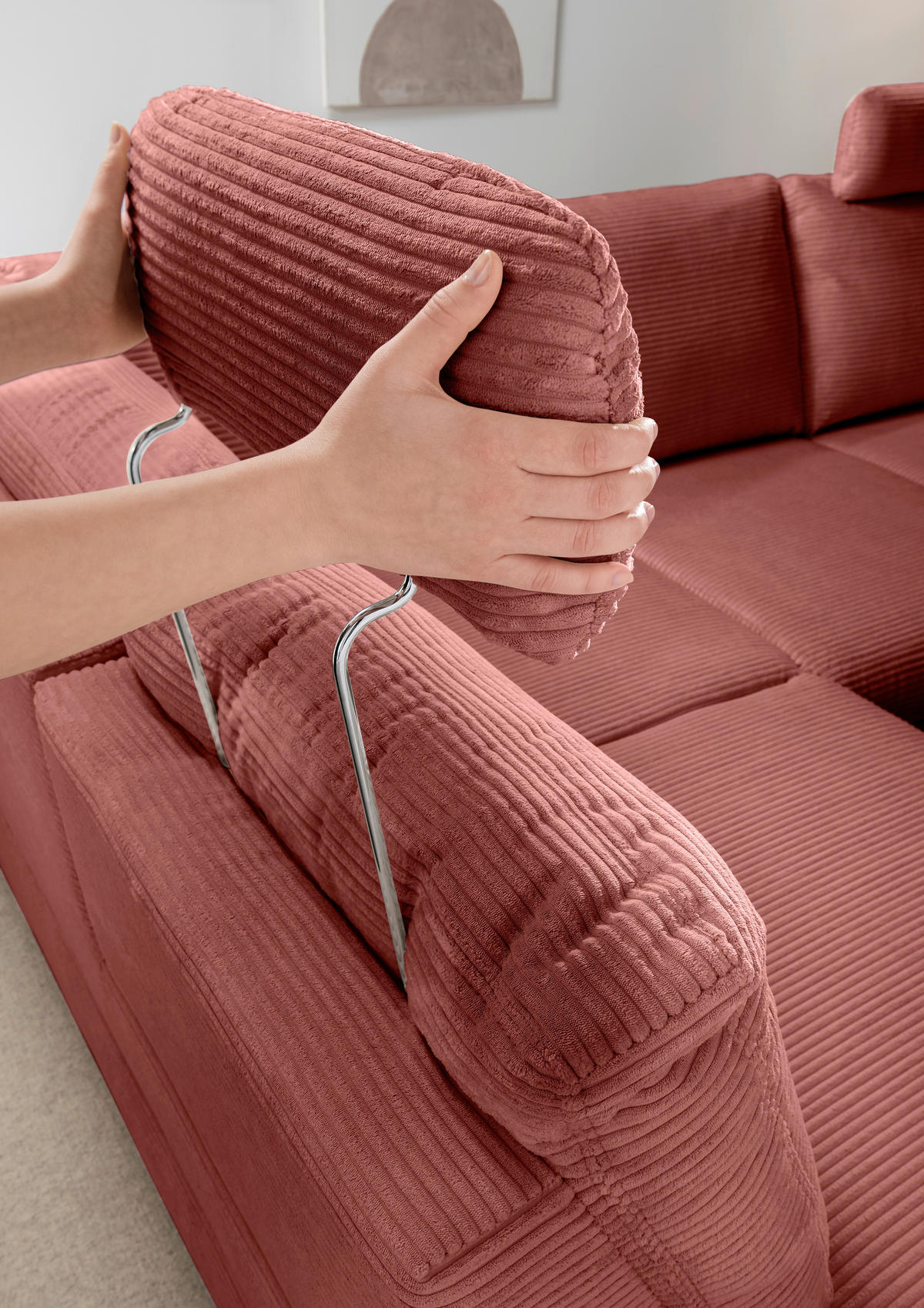 ECKSCHLAFSOFA in Cord Koralle  - Wildeiche/Koralle, Modern, Holz/Textil (206/261cm) - Livetastic