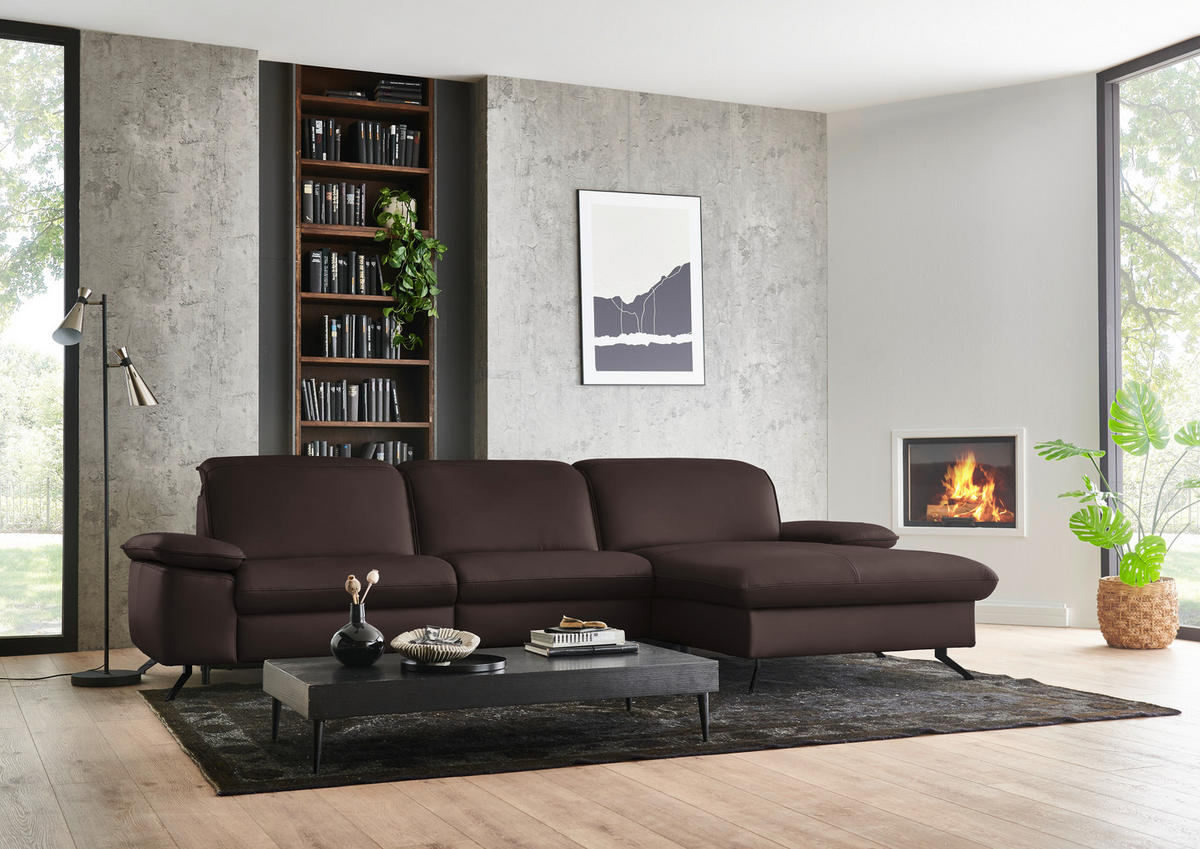 ECKSOFA  Echtleder Braun  - Schwarz/Braun, Design, Leder/Metall (307/169cm) - Beldomo Premium