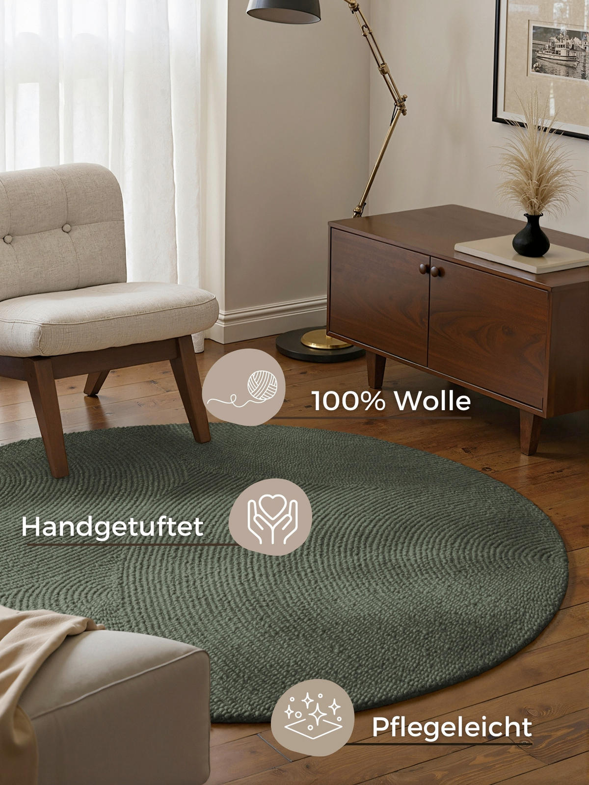 WOLLTEPPICH 200 cm Calmio Dunkelgrün rund  - Dunkelgrün, Basics, Textil (200cm) - Hanse Home