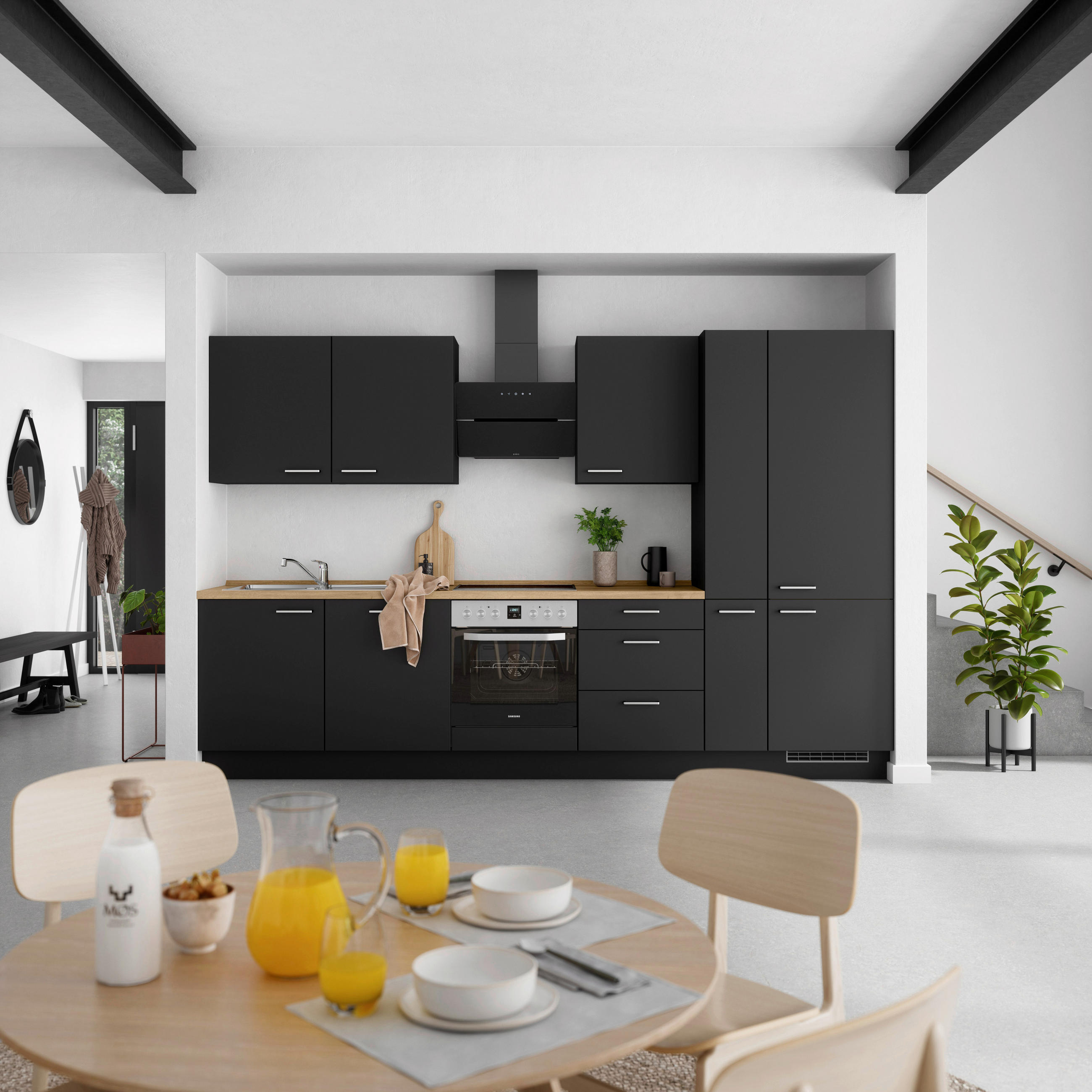 KÜCHENBLOCK 330 cm   in Schwarz, Eichefarben  - Edelstahlfarben/Eichefarben, MODERN, Holzwerkstoff/Metall (330cm) - Nobilia