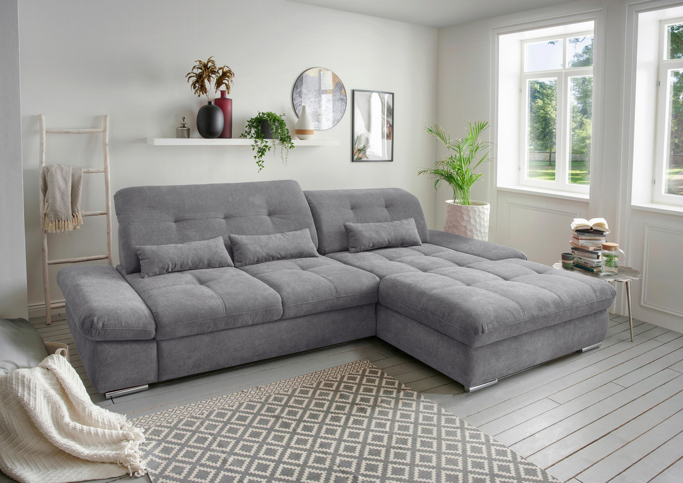 ECKSOFA in Chenille Dunkelgrau - Chromfarben/Dunkelgrau, Modern, Textil/Metall (300/196cm) - Livetastic