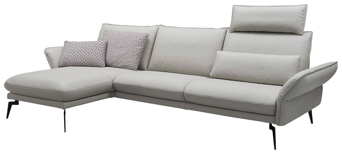 ECKSOFA Hellgrau Echtleder  - Hellgrau/Schwarz, LIFESTYLE, Leder/Metall (168/260cm) - Moderano