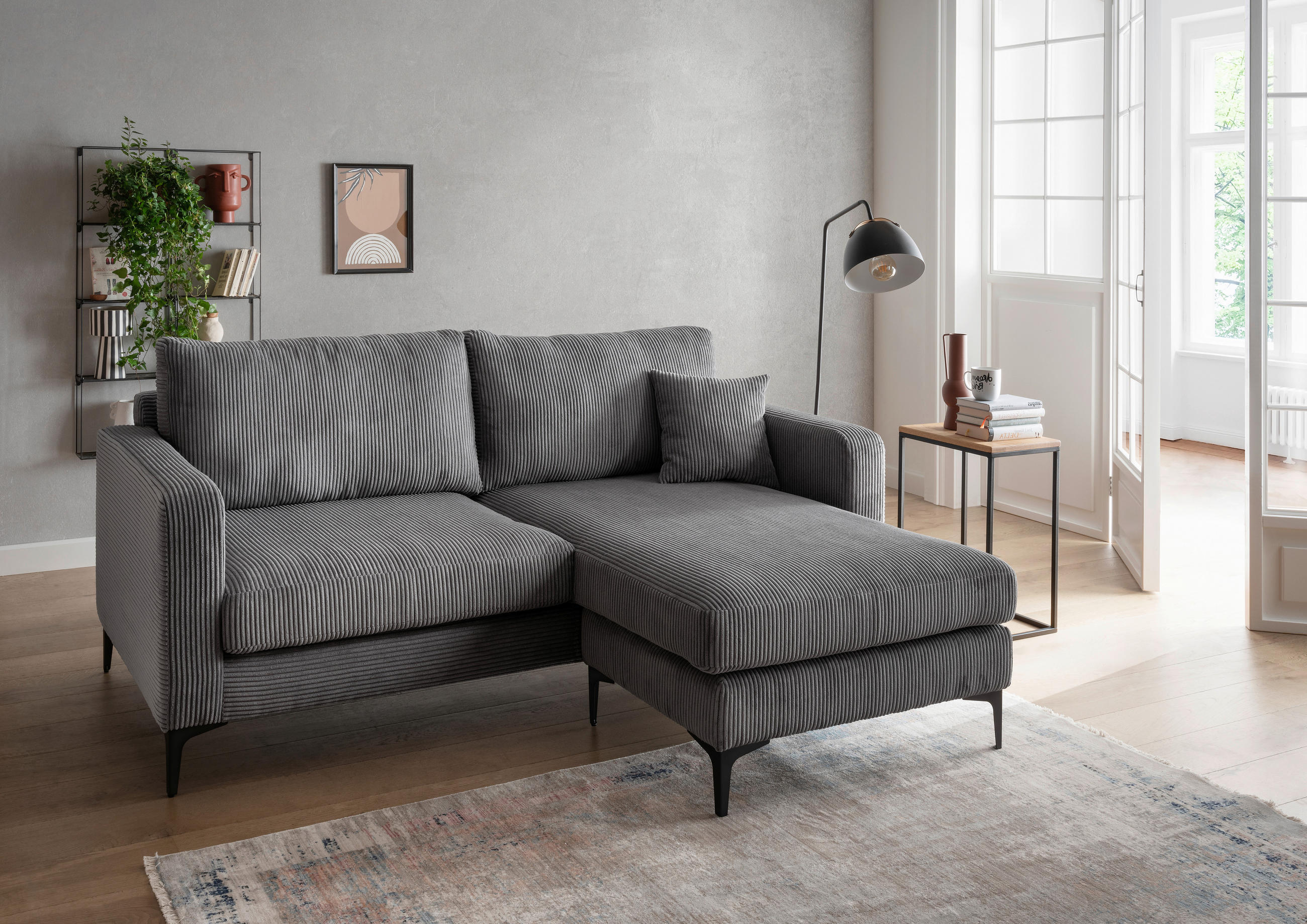 ECKSOFA Eliza Grau Cord  - Schwarz/Grau, Basics, Textil/Metall (204/153cm) - Livetastic