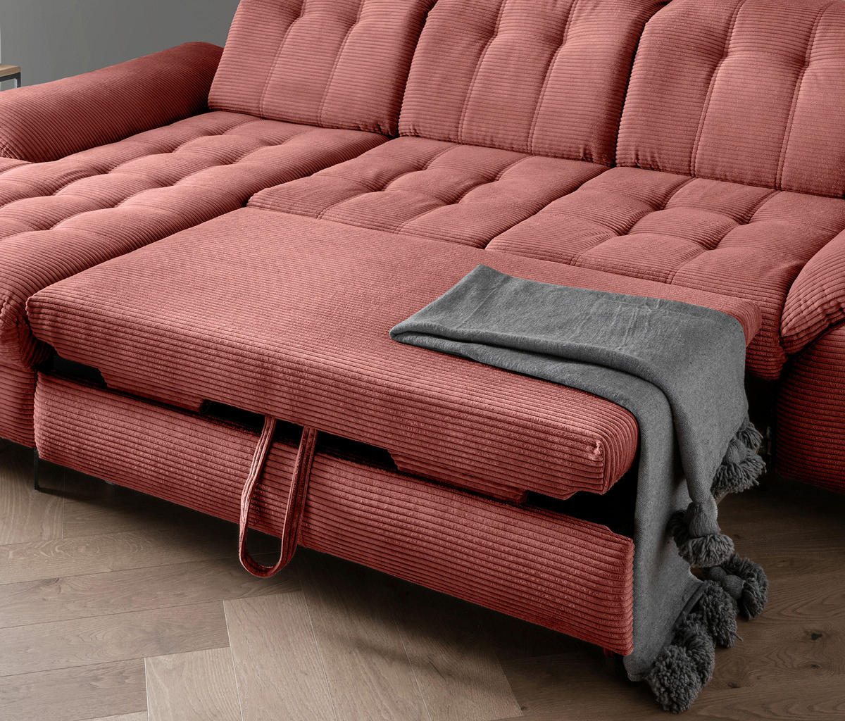 ECKSCHLAFSOFA in Cord Koralle  - Koralle/Schwarz, Modern, Textil/Metall (189/273cm) - Livetastic