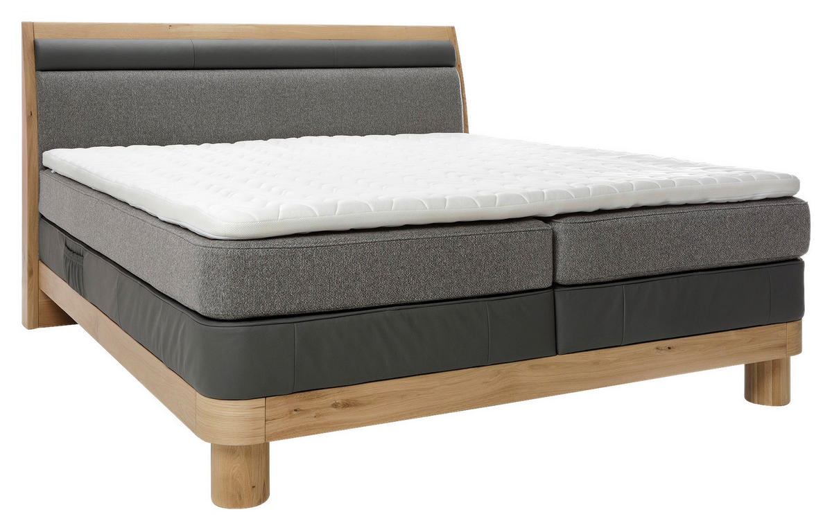 BOXSPRINGBETT 180/200 cm,  in Taupe, Eichefarben, Dunkelgrau, gepolstertes Kopfteil, Topper, Matratzen, H2 + H3 = mittel + fest  - Taupe/Eichefarben, KONVENTIONELL, Leder/Holz (180/200cm) - Valnatura