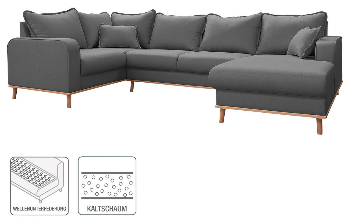 WOHNLANDSCHAFT Grau Textilgeflecht  - Wengefarben/Grau, Design, Holz/Textil (167/296/170cm) - Livetastic