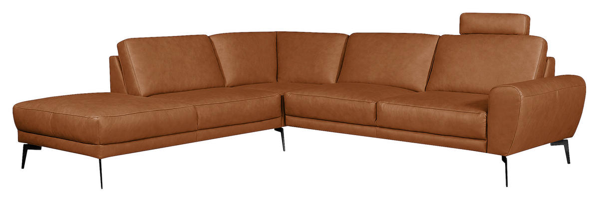 ECKSOFA in Echtleder Cognac  - Cognac/Schwarz, Design, Leder/Metall (250/273cm) - Livetastic