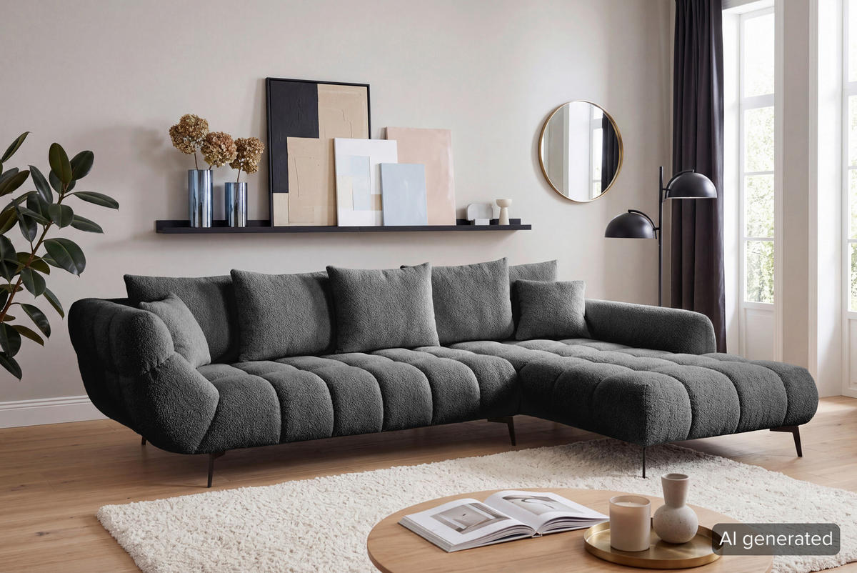 ECKSOFA 318/217 cm  in Bouclé Schwarz Zierkissen, Rückenkissen, Rücken echt  318/217 cm  - Schwarz, MODERN, Textil/Metall (318/217cm) - Carryhome