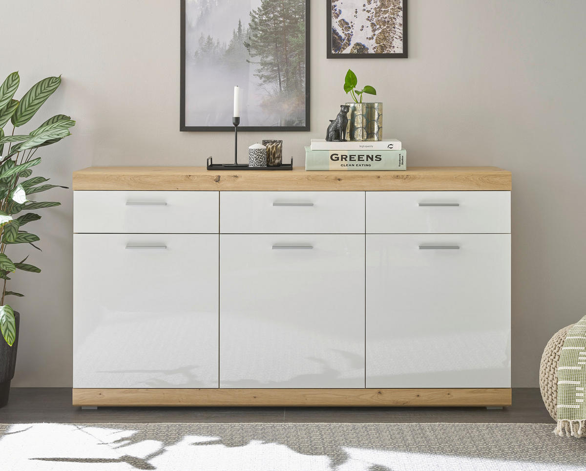 SIDEBOARD  165/91/38 cm 3 Schublade(n)  - Weiss Hochglanz/Silberfarben, Design, Holzwerkstoff/Kunststoff (165/91/38cm) - MID.YOU