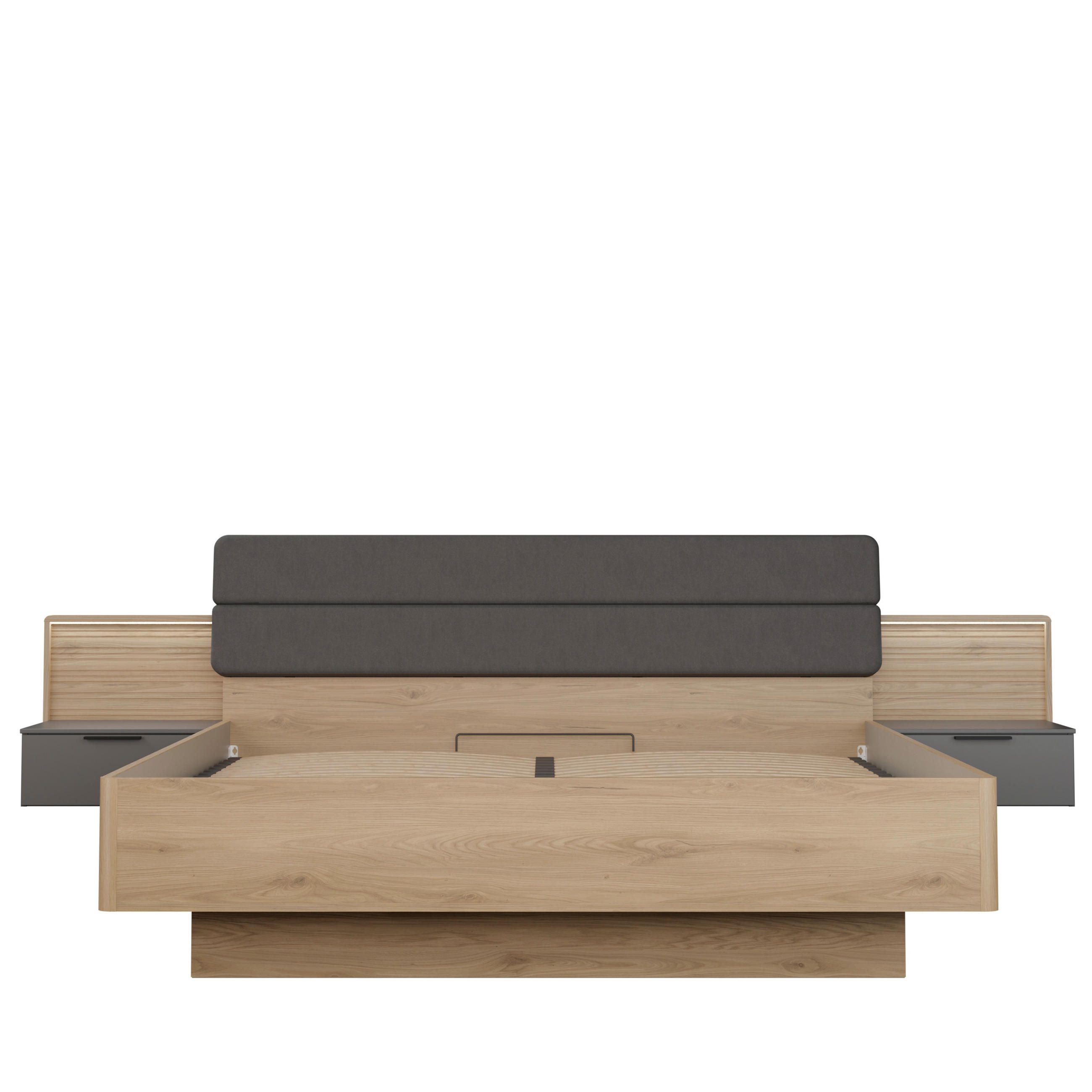 POSTELJNA GARNITURA   x  , kovina, umetna masa, tekstil, leseni material siva, barve hrasta  - siva/barve hrasta, Moderno, kovina/umetna masa (180/200cm) - Hom`in