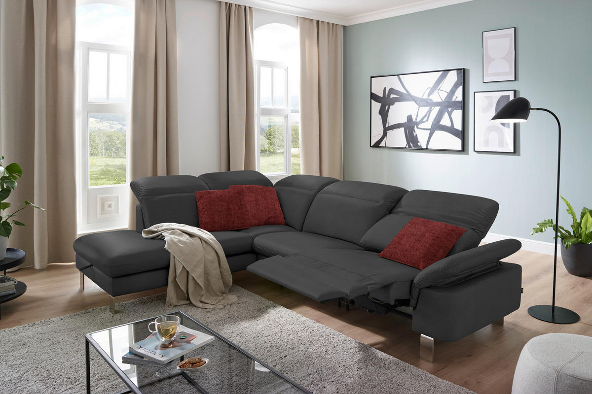 ECKSOFA in Echtleder Grau  233/309 cm  - Edelstahlfarben/Grau, Design, Leder/Metall (233/309cm) - Dieter Knoll