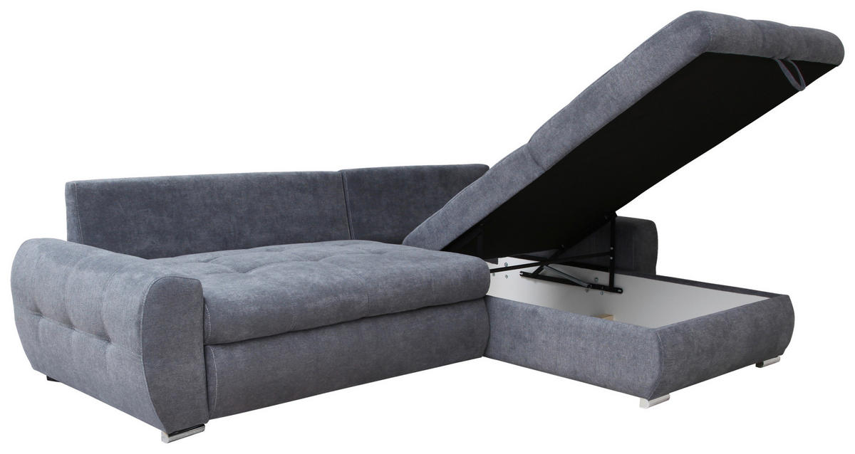 ECKSCHLAFSOFA Velours Grau  inkl. Bettkasten, Schlaffunktion  - Chromfarben/Weiß, Design, Kunststoff/Textil (277/175cm) - Livetastic