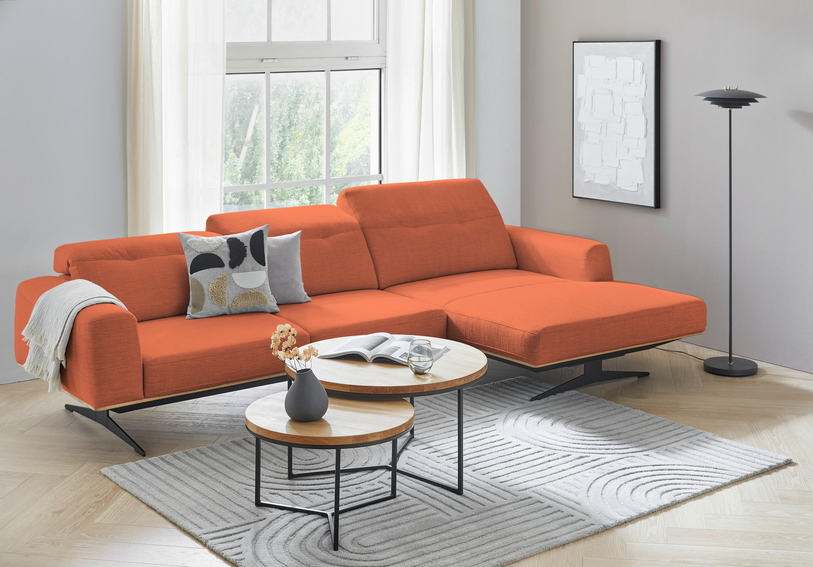 ECKSOFA Orange Struktur  - Eichefarben/Schwarz, Design, Holz/Textil (163/305cm) - Novel