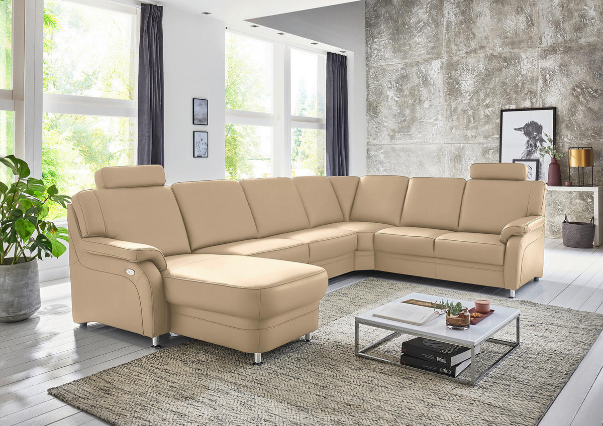 WOHNLANDSCHAFT Echtleder Beige  - Beige/Alufarben, Konventionell, Leder/Metall (165/329/239cm) - Beldomo Premium