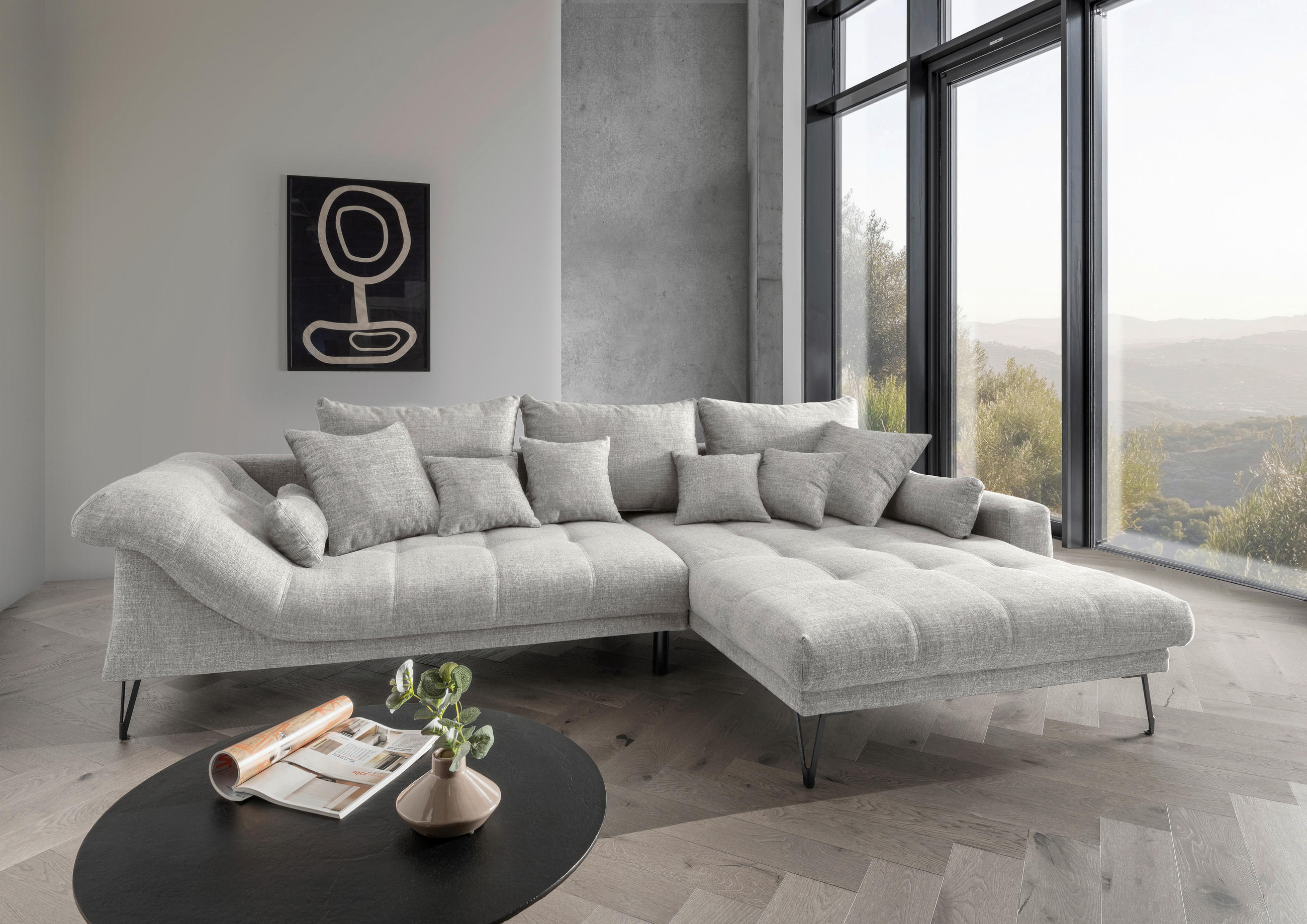 ECKSOFA in Mikrofaser Hellgrau  - Hellgrau/Schwarz, Konventionell, Textil/Metall (310/192cm) - Livetastic