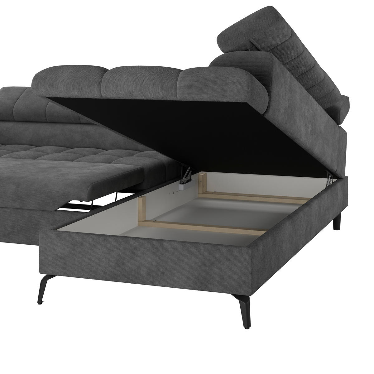 ECKSOFA Dunkelgrau Bettkasten, Rücken echt, Kopfteilverstellung  - Dunkelgrau/Schwarz, Trend, Kunststoff/Textil (261/203cm) - Livetastic