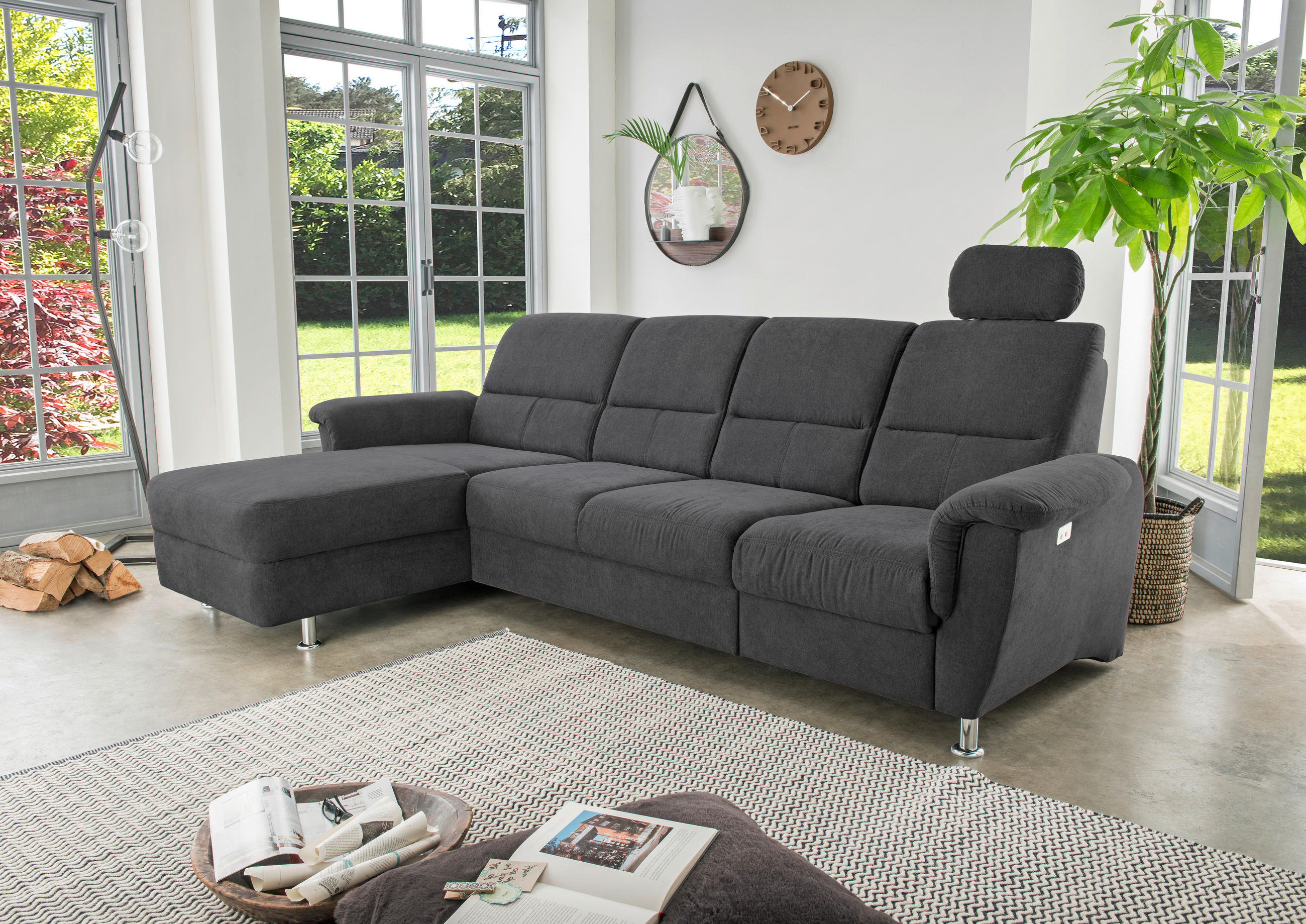 ECKSOFA in Mikrofaser Schwarz  - Chromfarben/Schwarz, Konventionell, Textil/Metall (292/165cm) - Livetastic