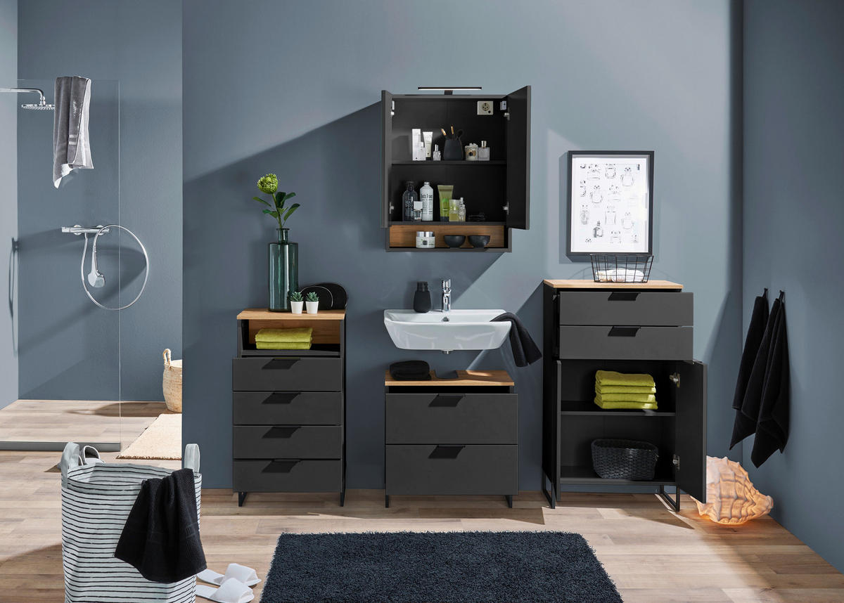 WASCHBECKENUNTERSCHRANK 60/60/35 cm  - Eichefarben/Schwarz, KONVENTIONELL, Holzwerkstoff/Metall (60/60/35cm) - home24