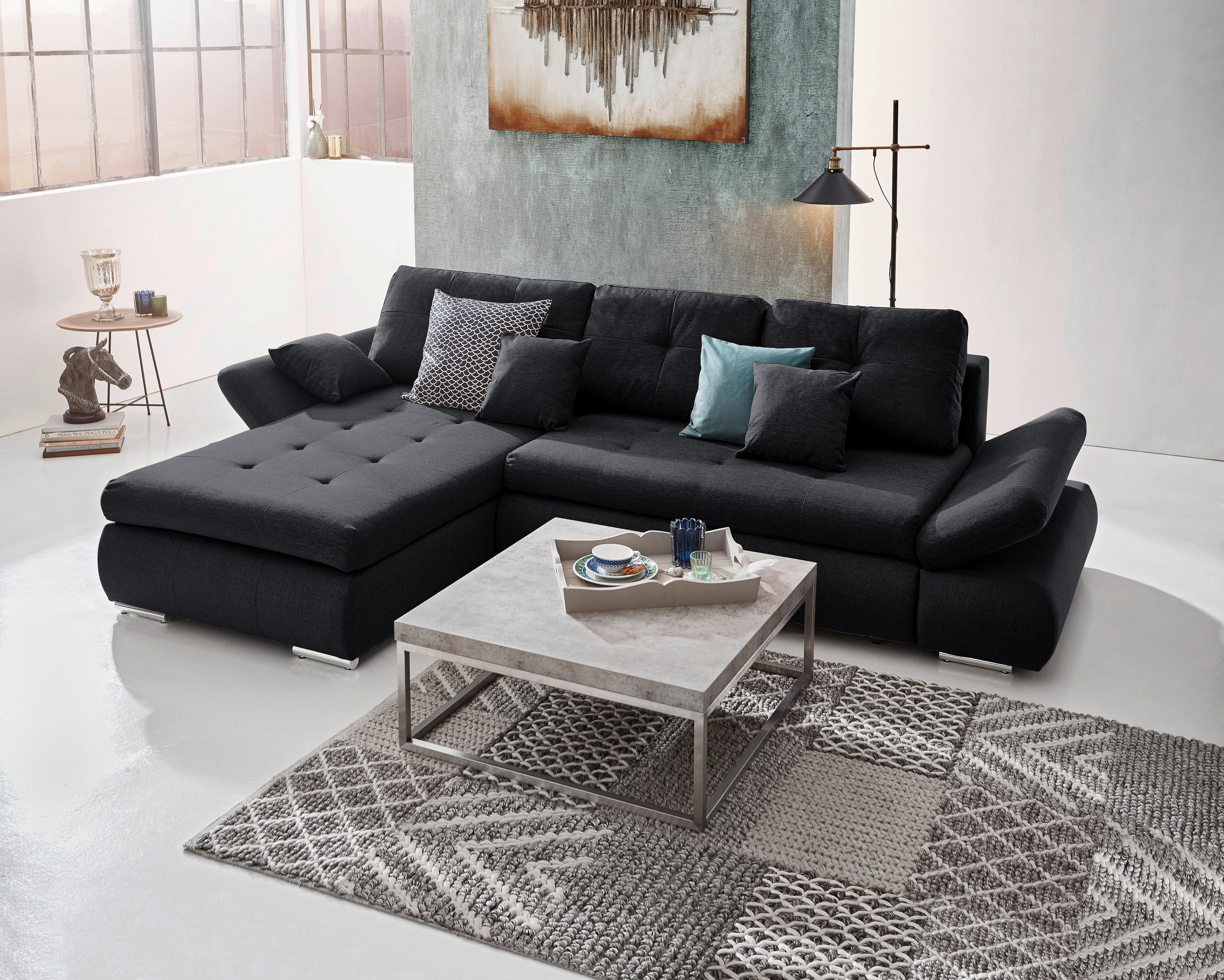ECKSOFA Anthrazit Webstoff  - Chromfarben/Anthrazit, Design, Kunststoff/Textil (302/187cm) - Carryhome