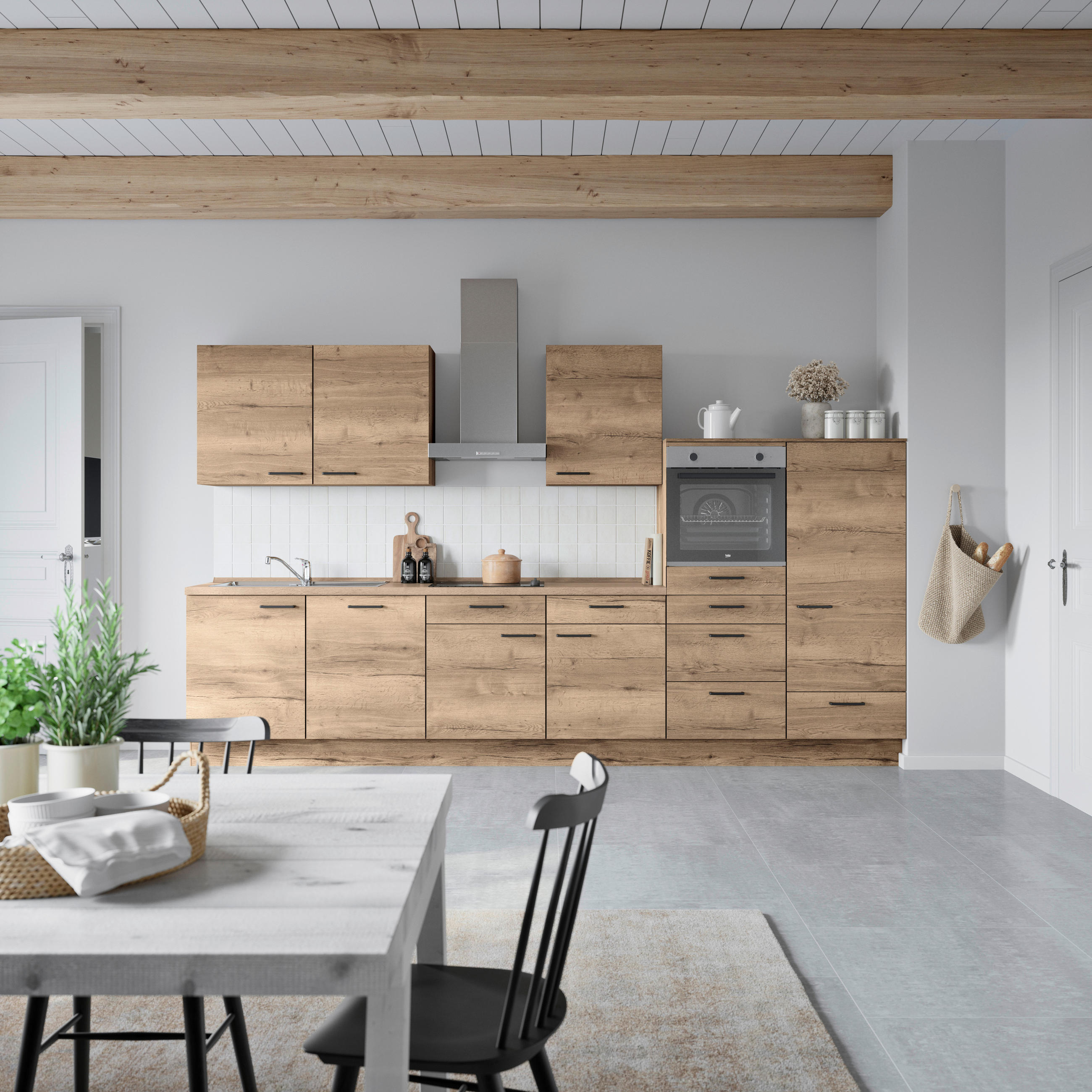 KÜCHENBLOCK 360 cm   in Eiche dunkel  - Eiche dunkel/Eichefarben, MODERN, Holzwerkstoff/Metall (360cm) - Nobilia