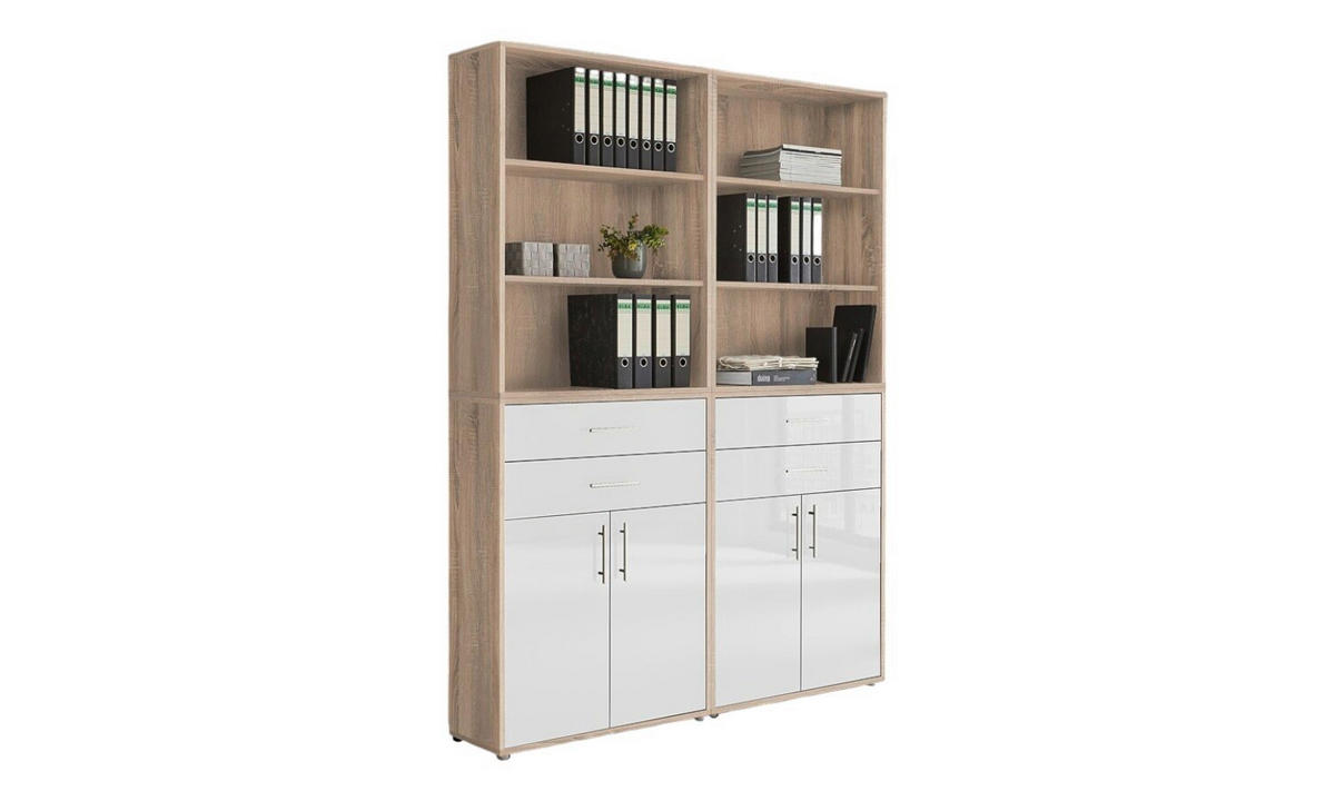 AKTENSCHRANK Eichefarben, Weiß Hochglanz  - Weiß Hochglanz/Eichefarben, MODERN, Holzwerkstoff (168,8/227,2/33cm) - MID.YOU
