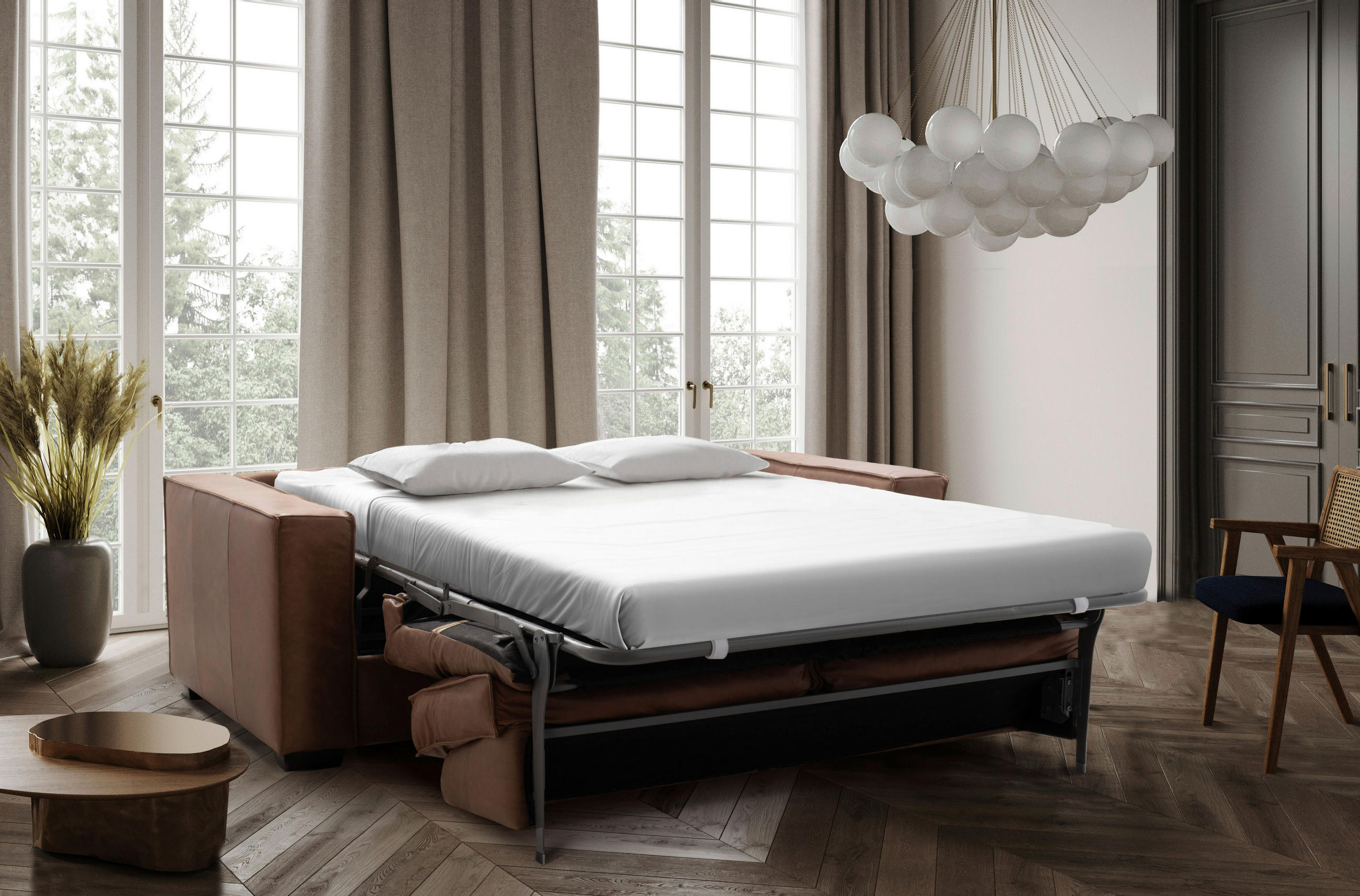 SCHLAFSOFA Cognac Echtleder  - Cognac/Dunkelbraun, Design, Leder/Holz (203/85/99cm) - MID.YOU