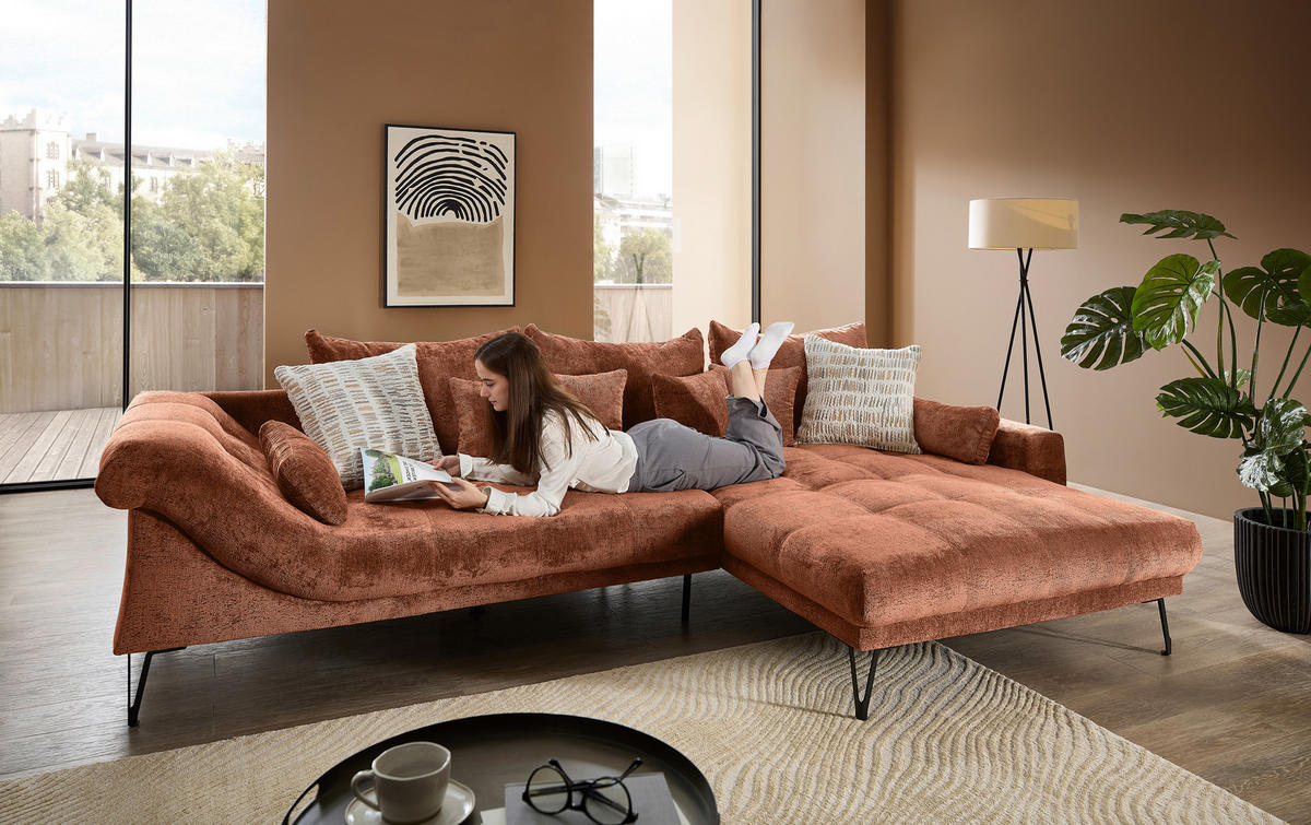 ECKSOFA GARDA Rostfarben Chenille Zierkissen, Rückenkissen, Nierenkissen, Rücken echt  - Rostfarben/Schwarz, KONVENTIONELL, Textil/Metall (310/192cm) - Livetastic