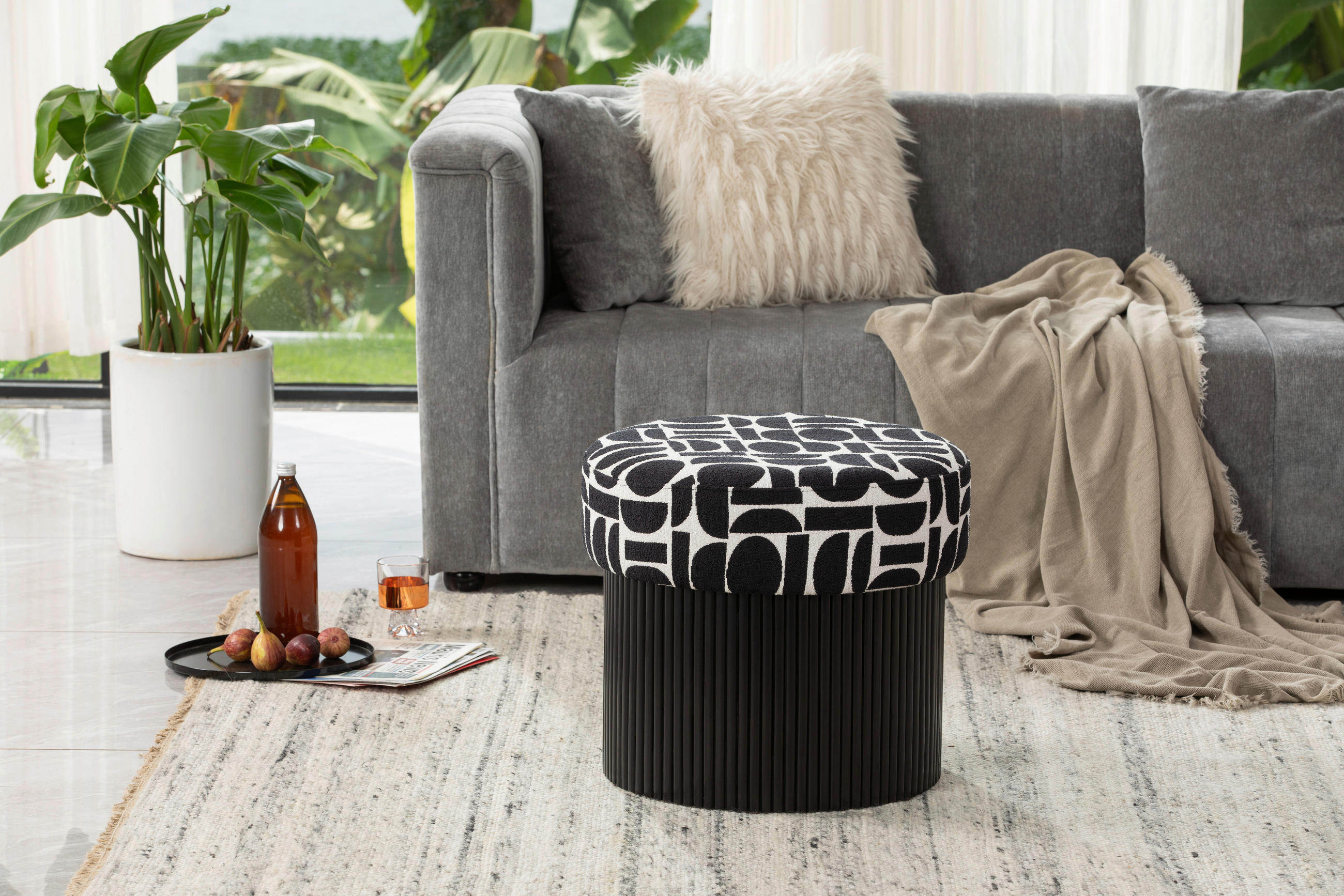 POUF in Schwarz, Weiß Holzwerkstoff, Textil  - Schwarz/Weiß, Design, Holzwerkstoff/Textil (50/44/50cm) - MID.YOU