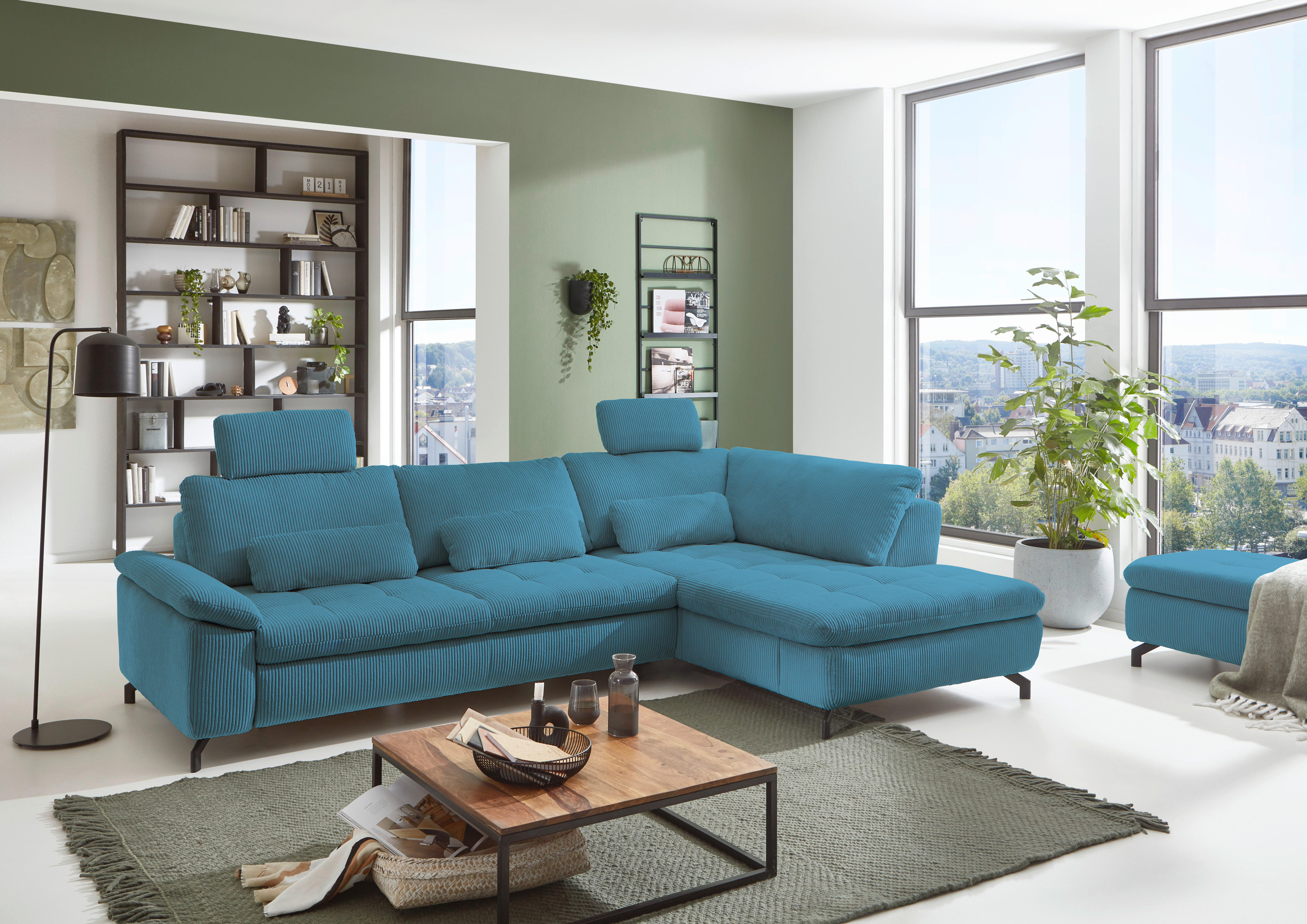 ECKSOFA in Cord, Velours Petrol  - Petrol/Schwarz, Design, Textil/Metall (291/197cm) - Beldomo Style