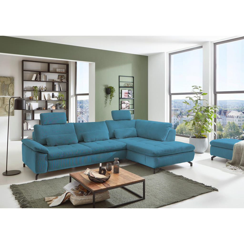 Thumbnail - Beldomo Style Ecksofa Sense, Petrol, Textil, 3-Sitzer, Ottomane rechts, Eckteil, L-Form, 291x197 cm, Goldenes M, Typenau...