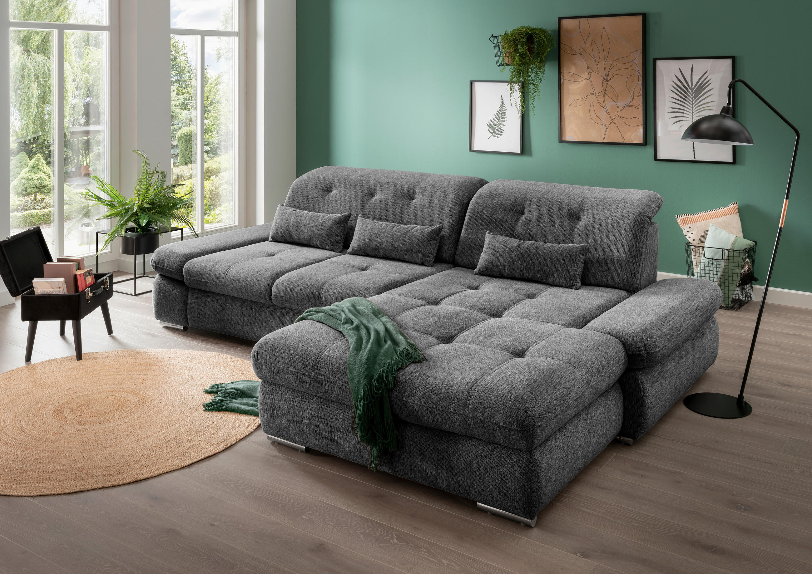 ECKSOFA in Chenille Anthrazit  - Chromfarben/Anthrazit, Design, Textil/Metall (300/196cm) - Livetastic