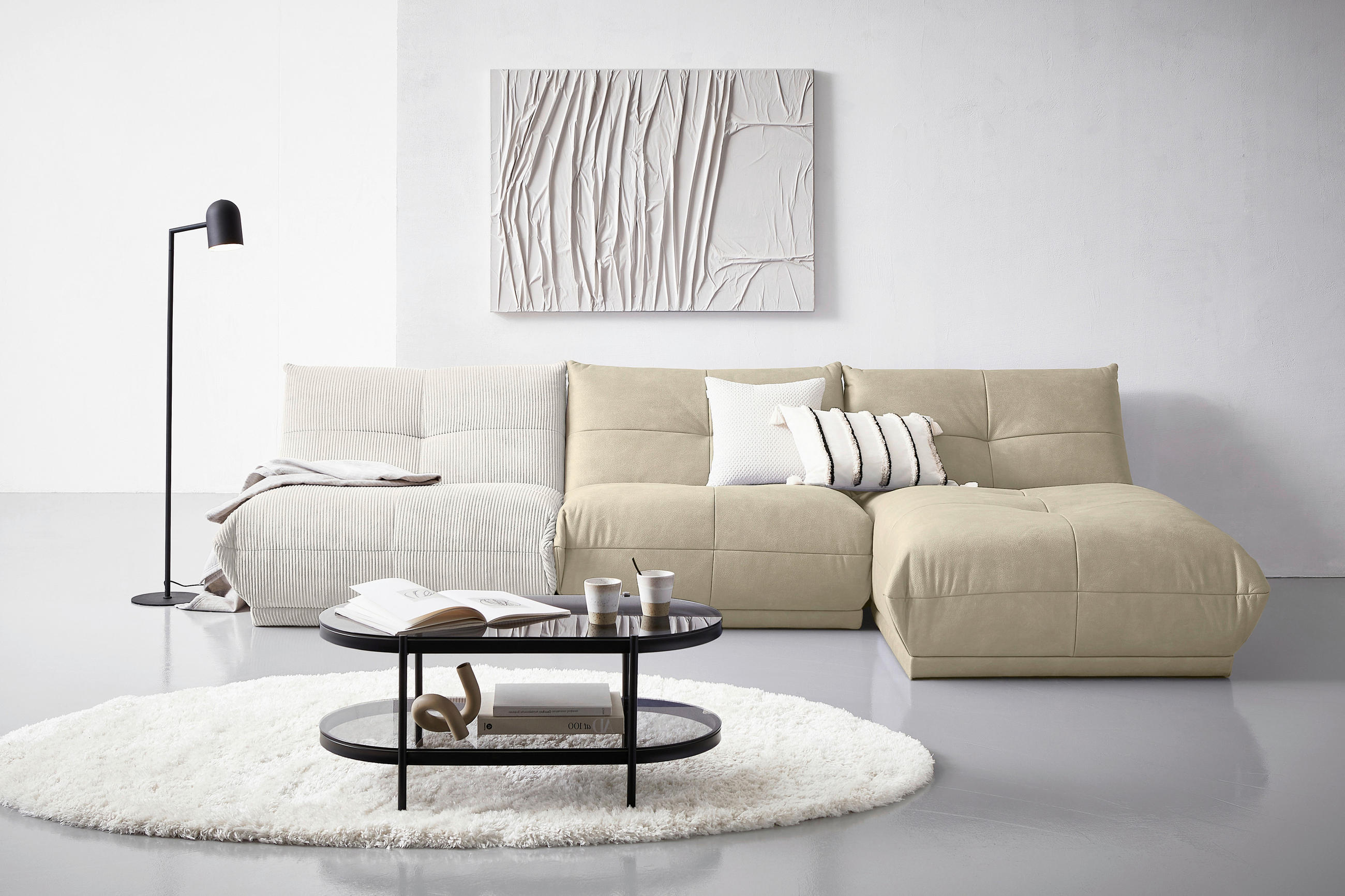 ECKSOFA in Cord, Lederlook Creme, Weiss  - Weiss/Creme, Trend, Textil (315/185cm) - Livetastic